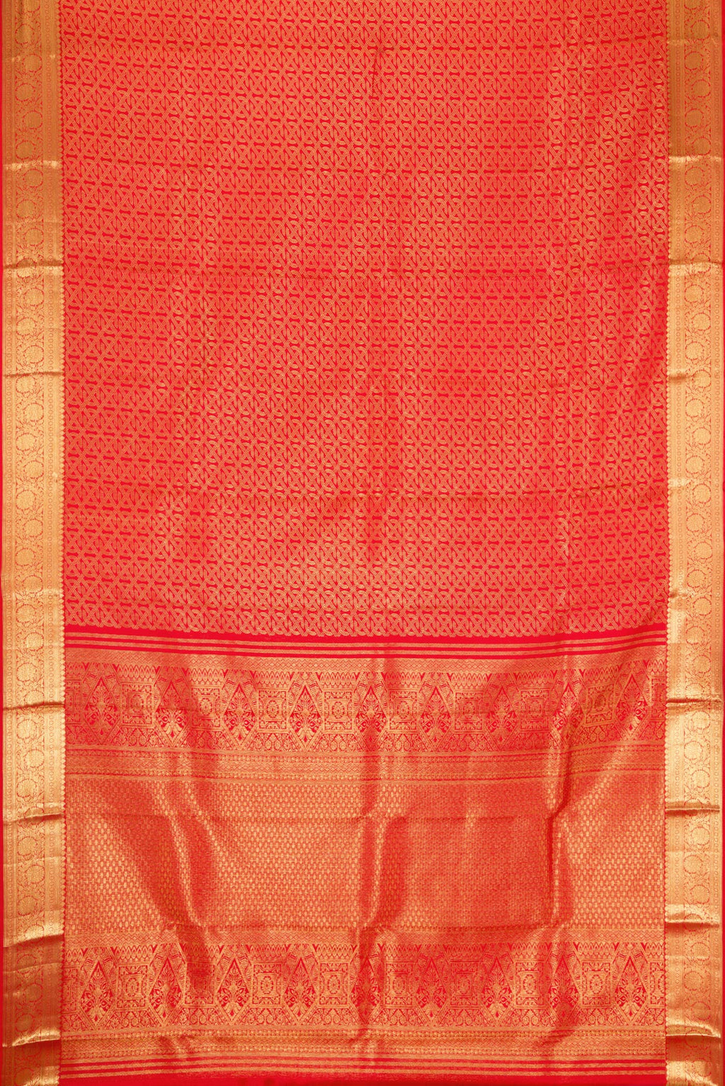 Flat view of Red Dual Tone Kanjivaram Silk Saree with Zari Brocade on the body and Zari Border. 