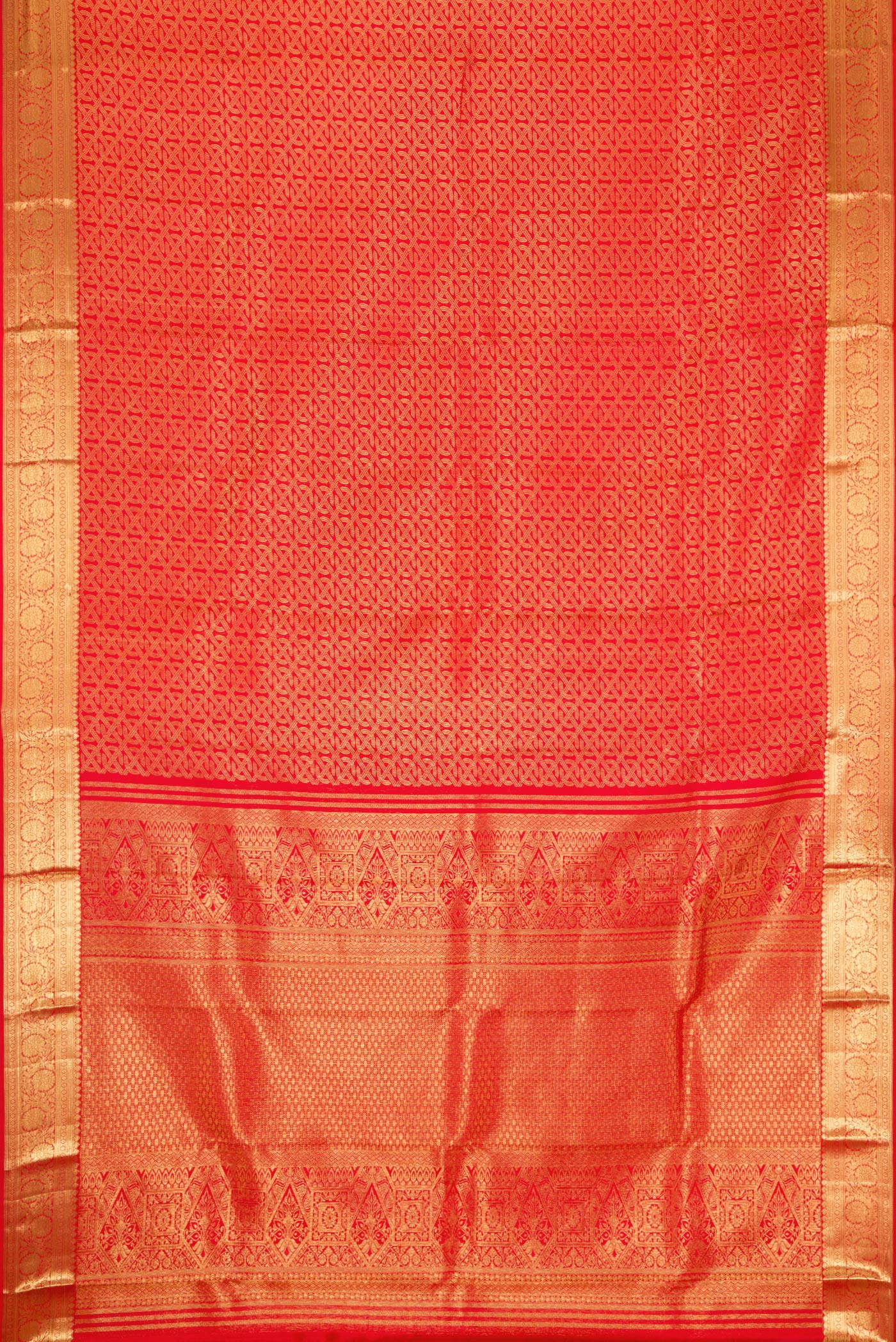 Flat view of Red Dual Tone Kanjivaram Silk Saree with Zari Brocade on the body and Zari Border. 