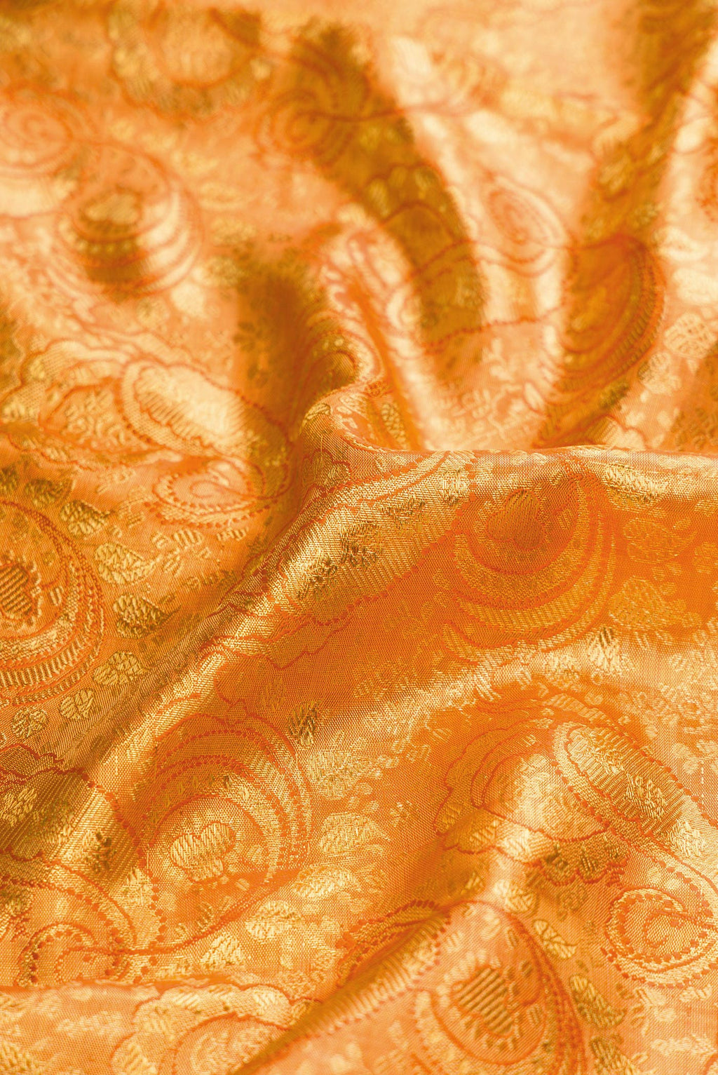 Close up of Orange Dual Tone Kanjivaram Tissue Silk Saree with Zari Brocade on the body and Zari Border.  displaying folds