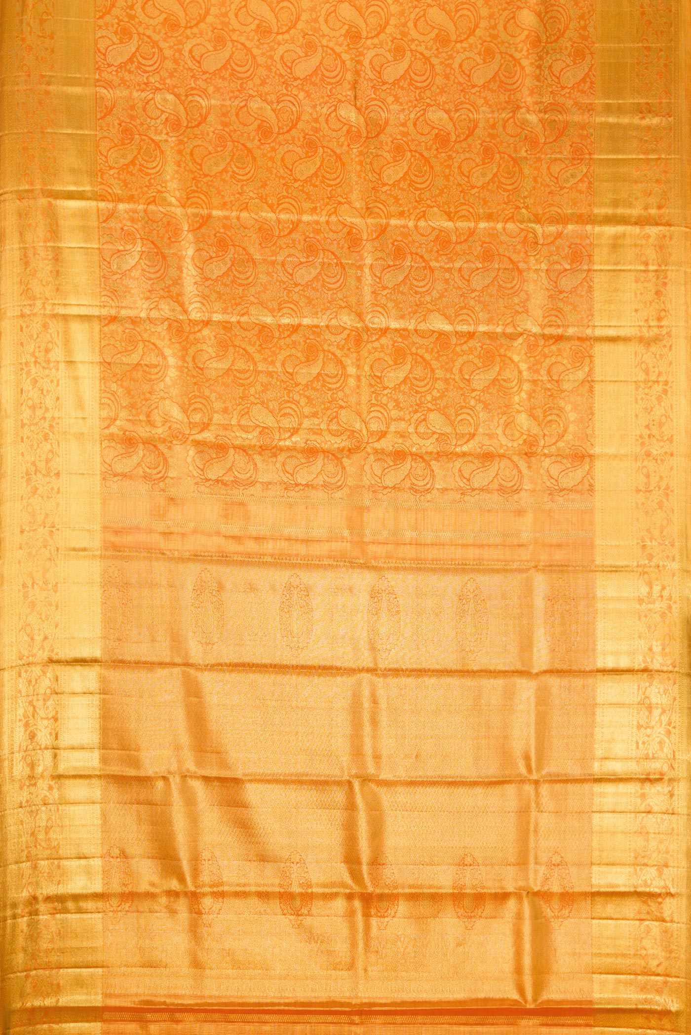 Flat view of Orange Dual Tone Kanjivaram Tissue Silk Saree with Zari Brocade on the body and Zari Border. 