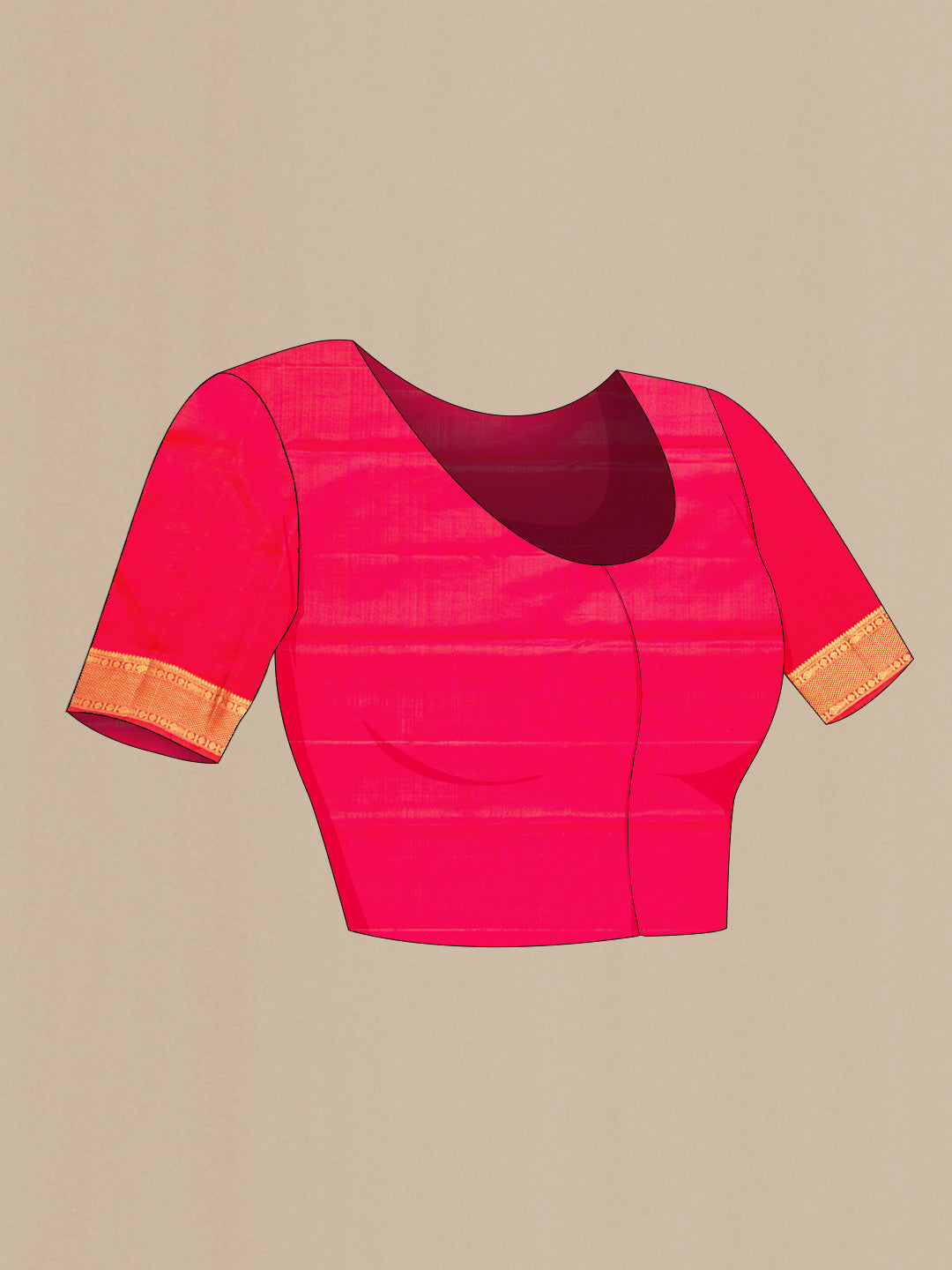 Close up image of the blouse of Coral Dual Tone Kanchipuram Silk Saree with Zari Brocade on the body and Zari Border. 