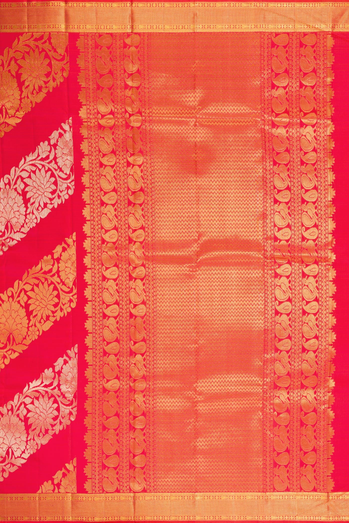 Close up image of the pallu of Coral Dual Tone Kanchipuram Silk Saree with Zari Brocade on the body and Zari Border. 