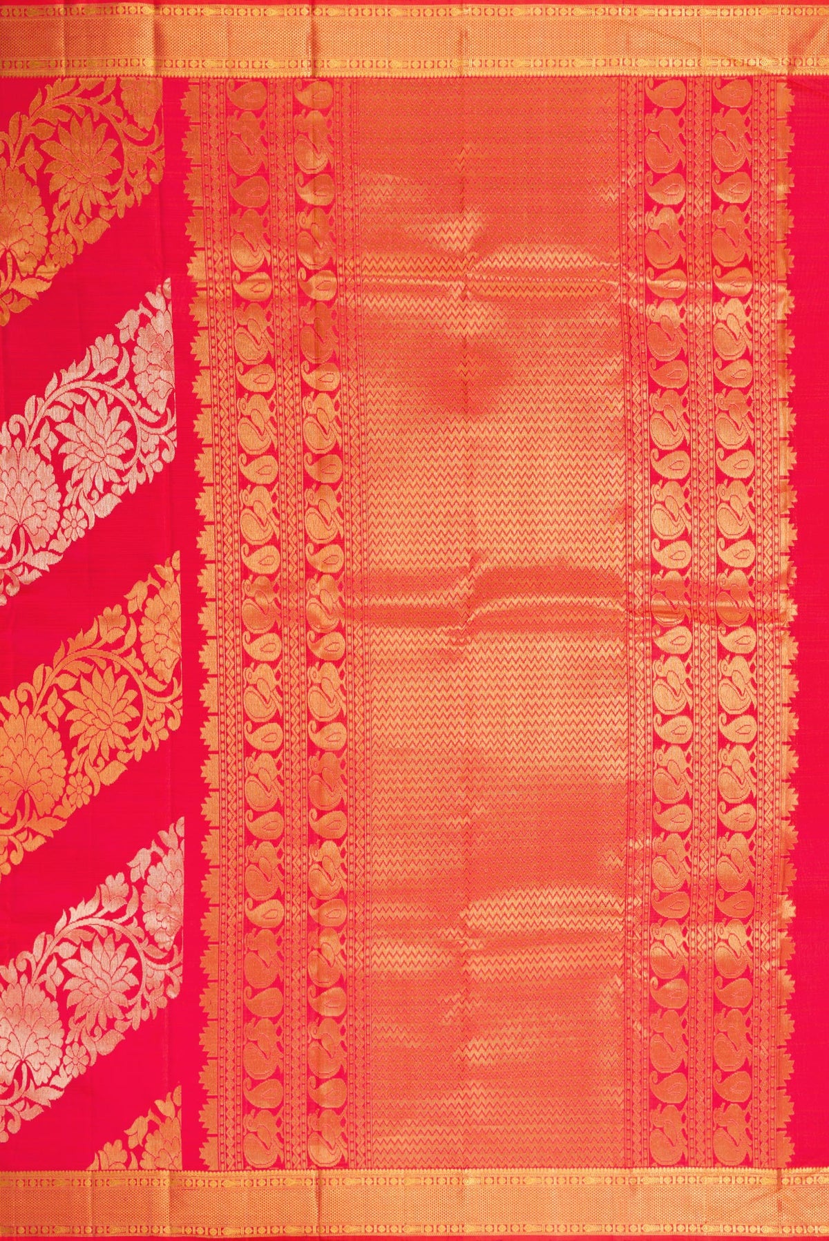 Close up image of the pallu of Coral Dual Tone Kanchipuram Silk Saree with Zari Brocade on the body and Zari Border. 