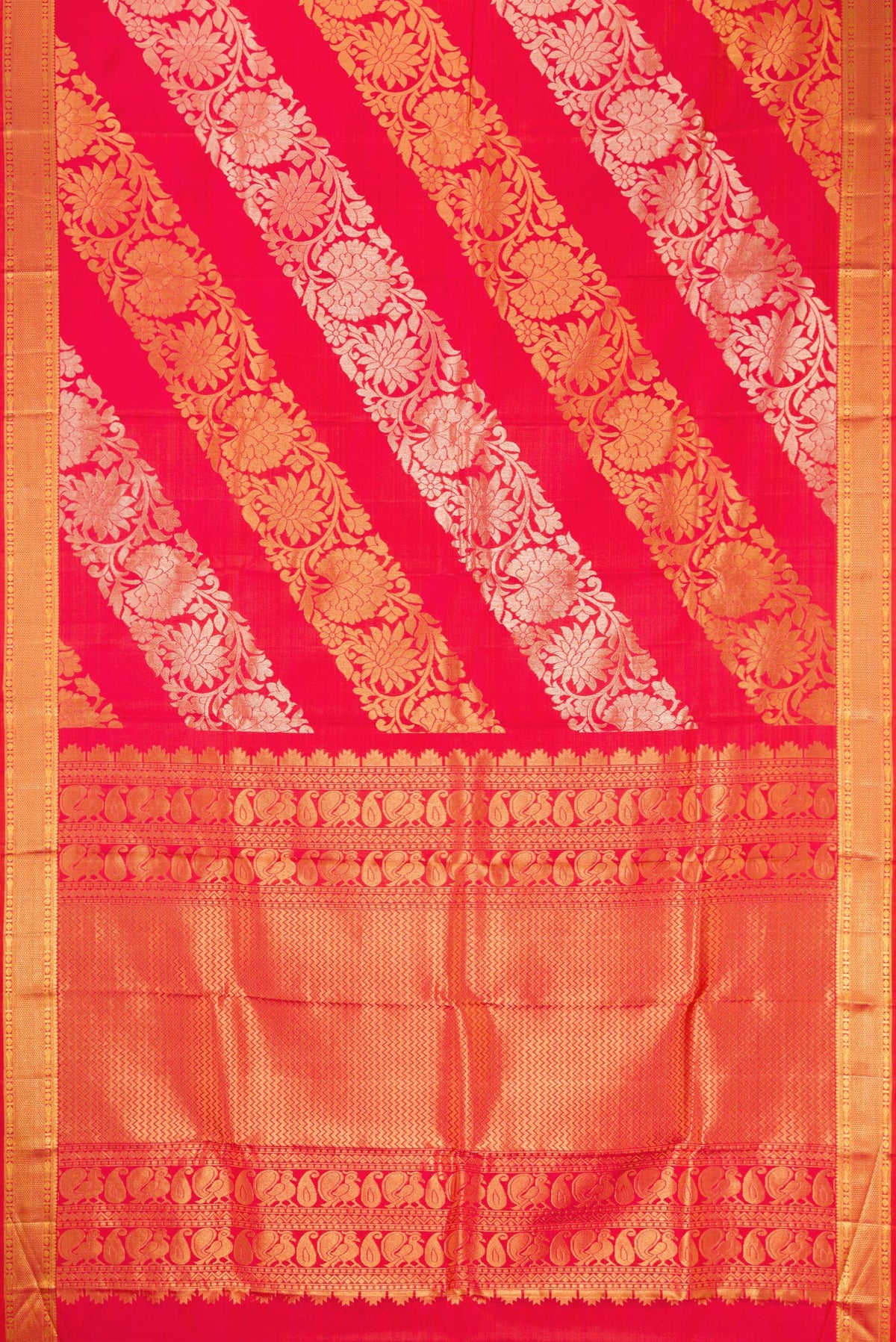 Flat view of Coral Dual Tone Kanchipuram Silk Saree with Zari Brocade on the body and Zari Border. 