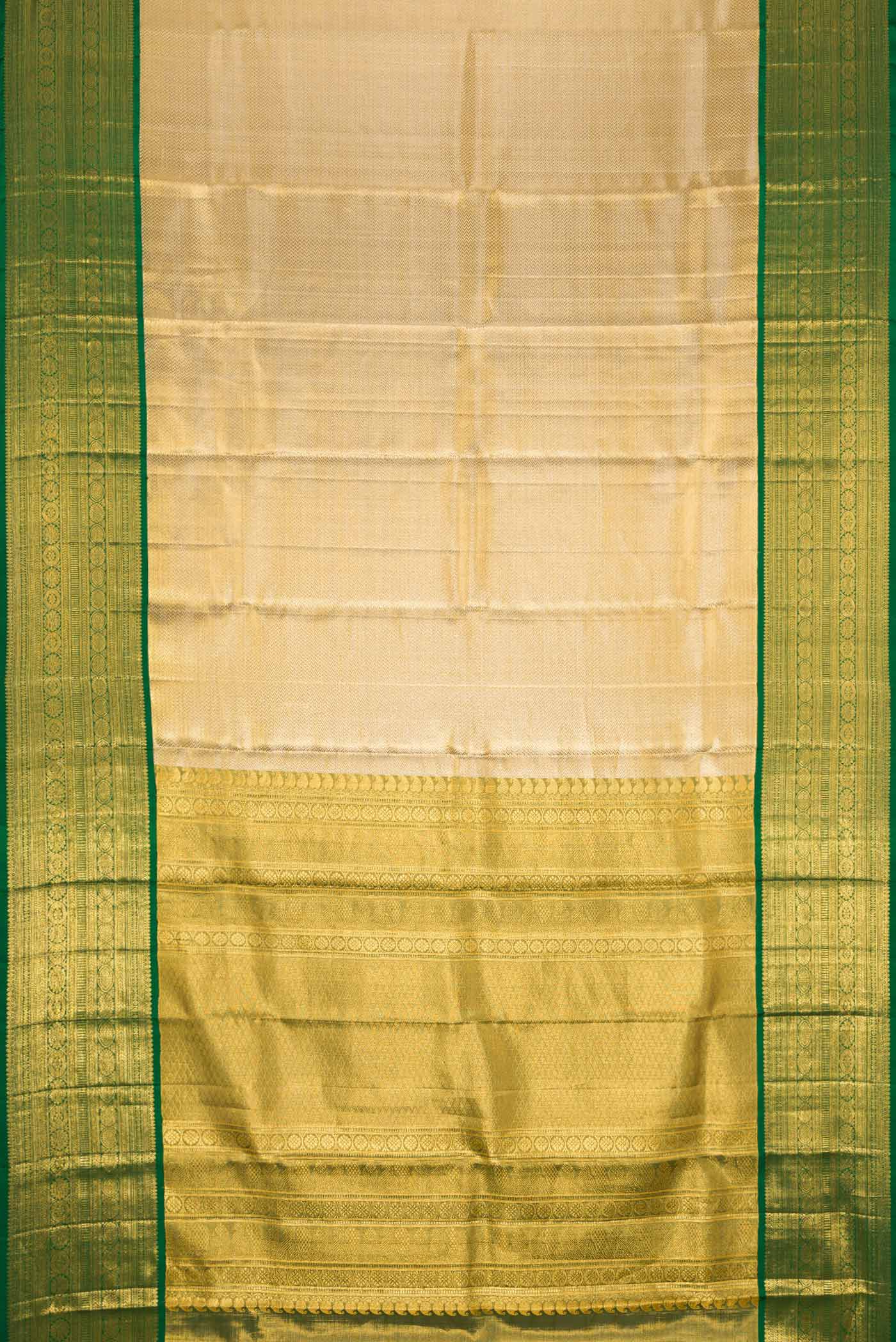 Flat view of Gold Dual Tone Kanjivaram Tissue Silk Saree with Zari Brocade on the body and Zari Border. 