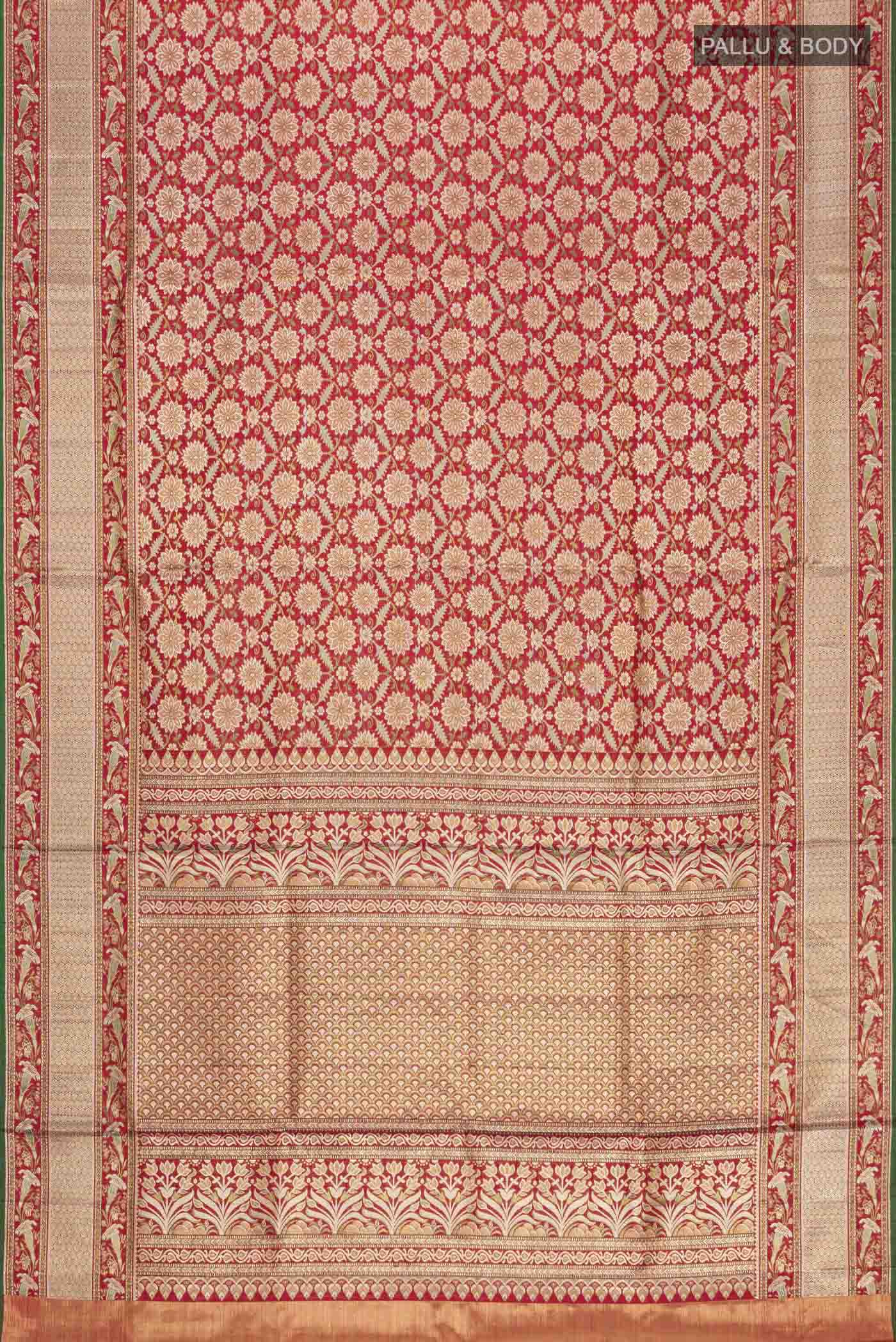 Flat view of Red Kanchipuram Silk Saree with Zari Brocade on the body and Zari Border