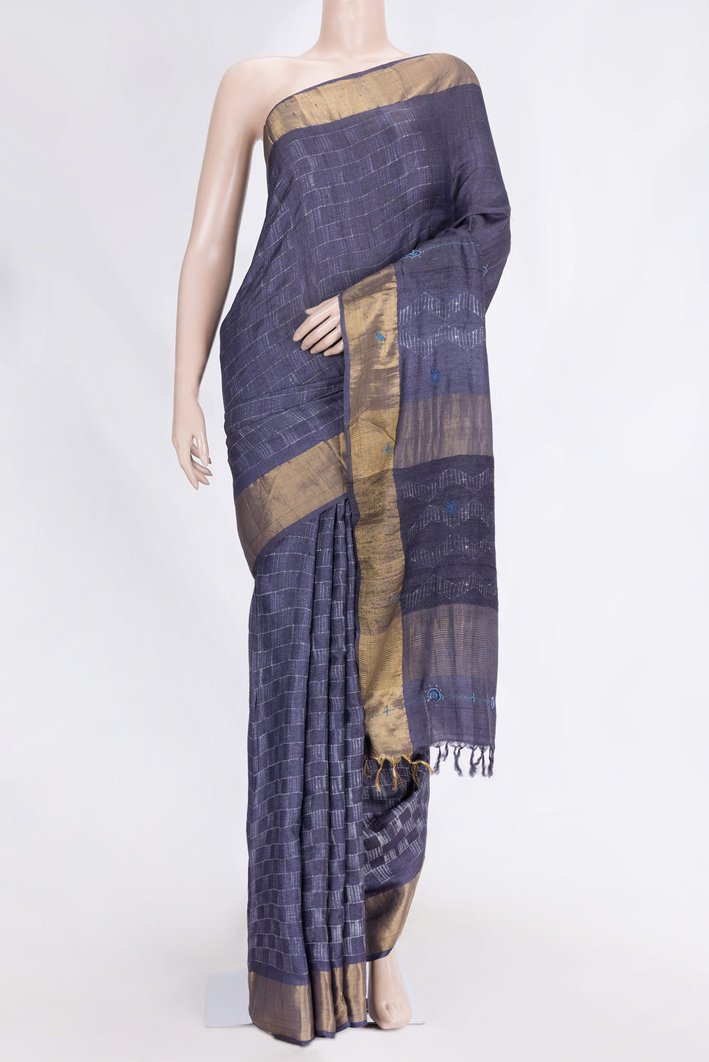 Navy Blue Dual Tone Tussar Saree with Checked design on the body and Zari Border.  displayed on a mannequin
