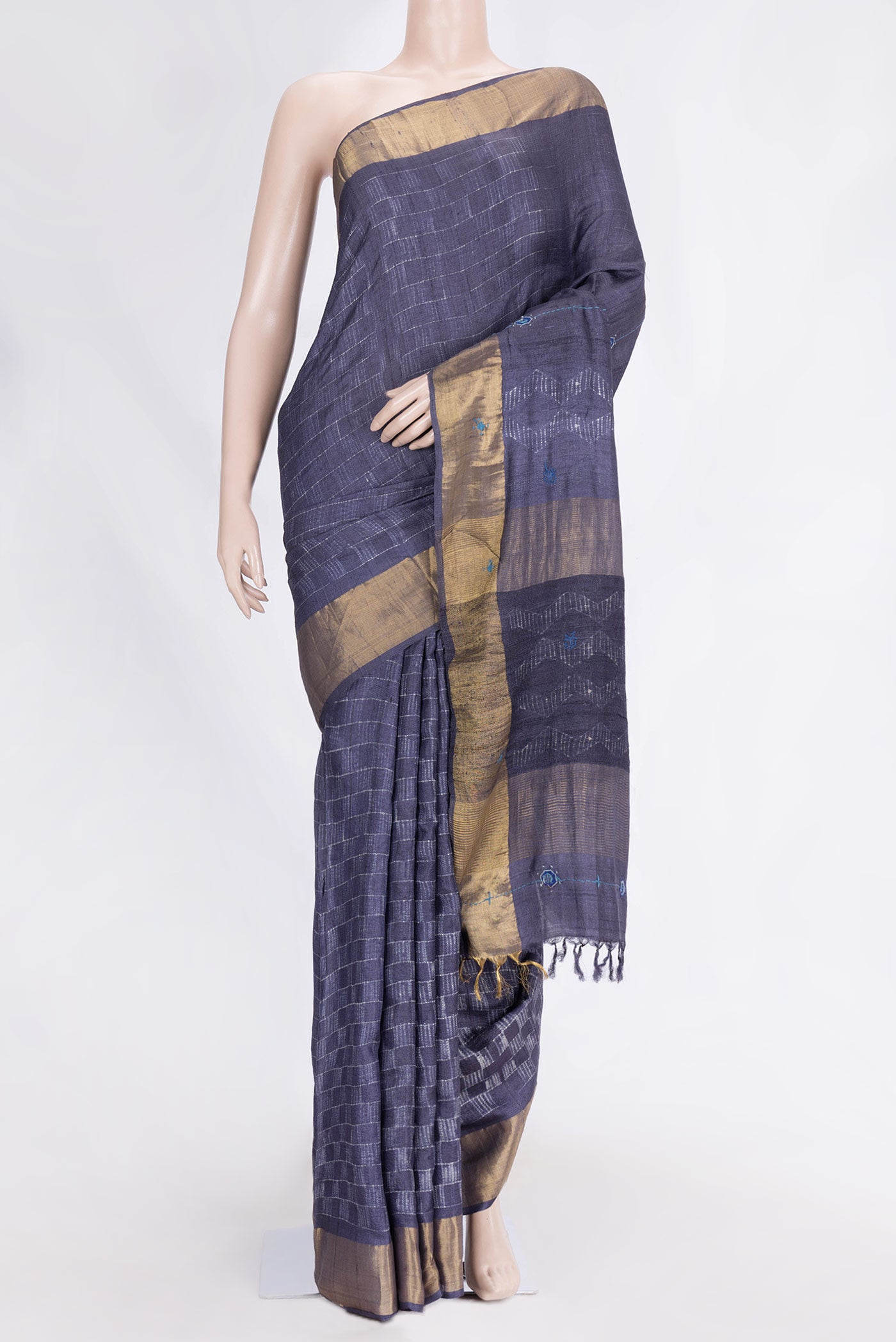 Navy Blue Dual Tone Tussar Saree with Checked design on the body and Zari Border.  displayed on a mannequin