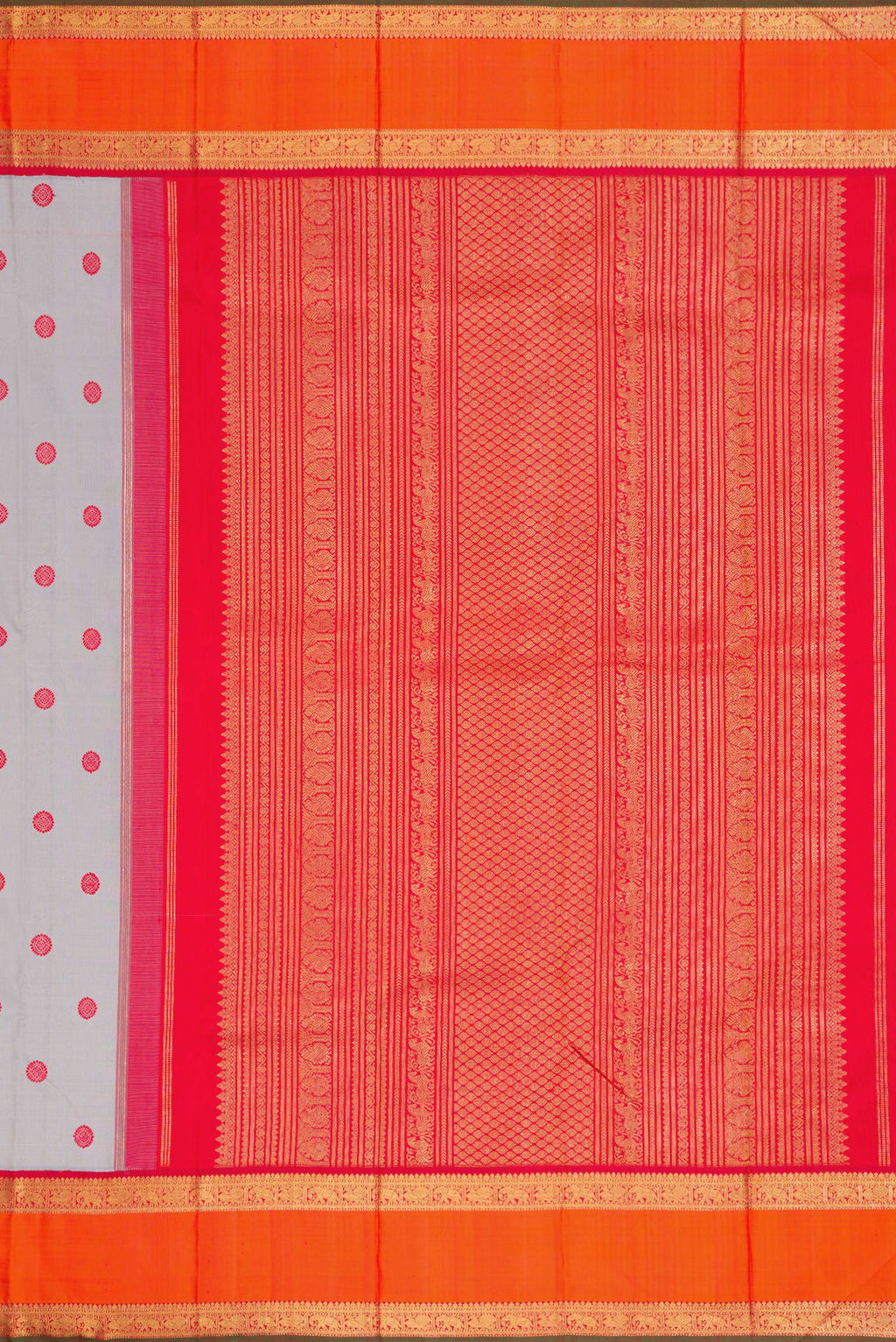 Close up image of the pallu of Pure Silk Pure Zari Grey Dual Tone Kanchipuram Saree with Thread Butta on the body and Zari Border. 
