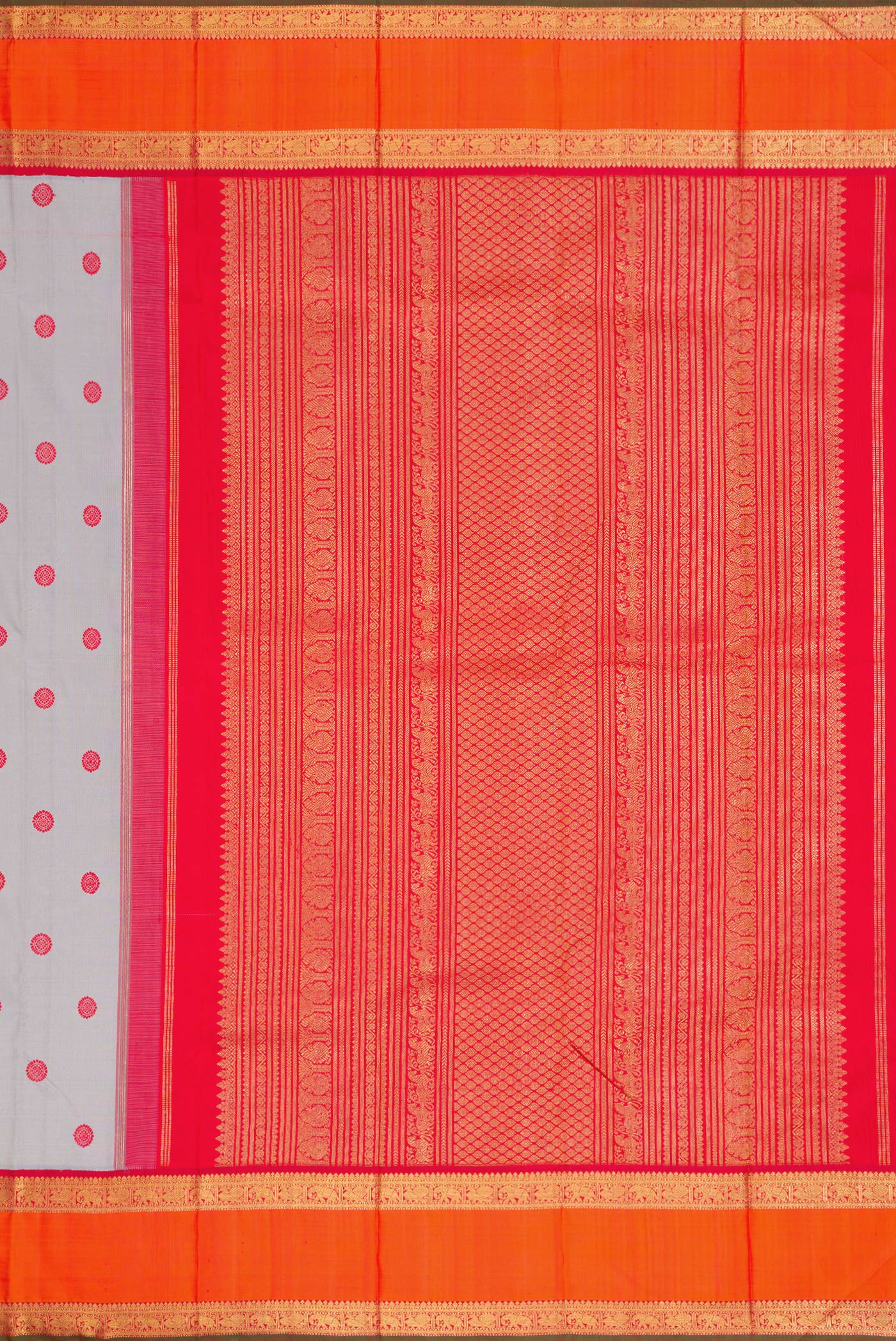 Close up image of the pallu of Pure Silk Pure Zari Grey Dual Tone Kanchipuram Saree with Thread Butta on the body and Zari Border. 