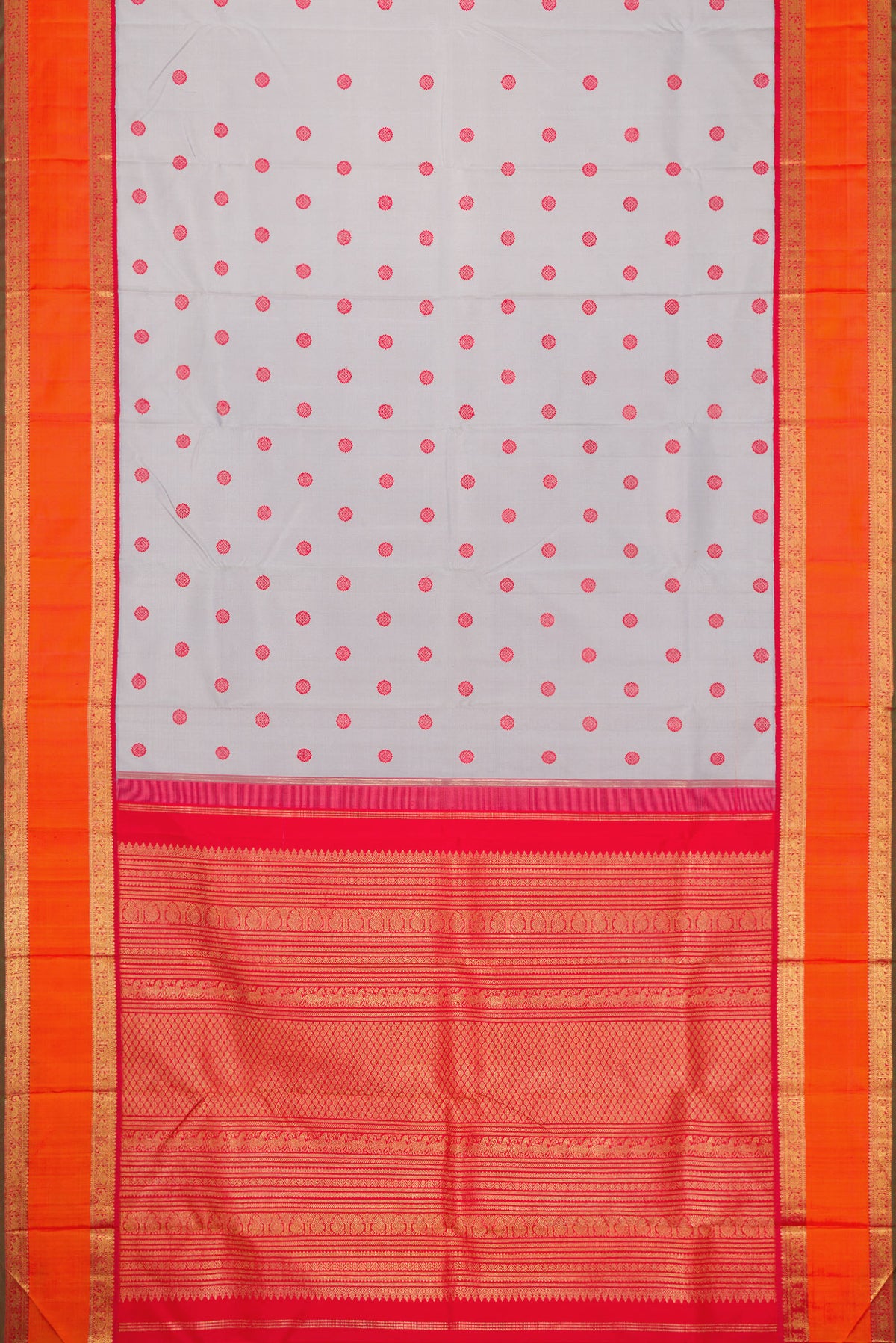 Flat view of Pure Silk Pure Zari Grey Dual Tone Kanchipuram Saree with Thread Butta on the body and Zari Border. 