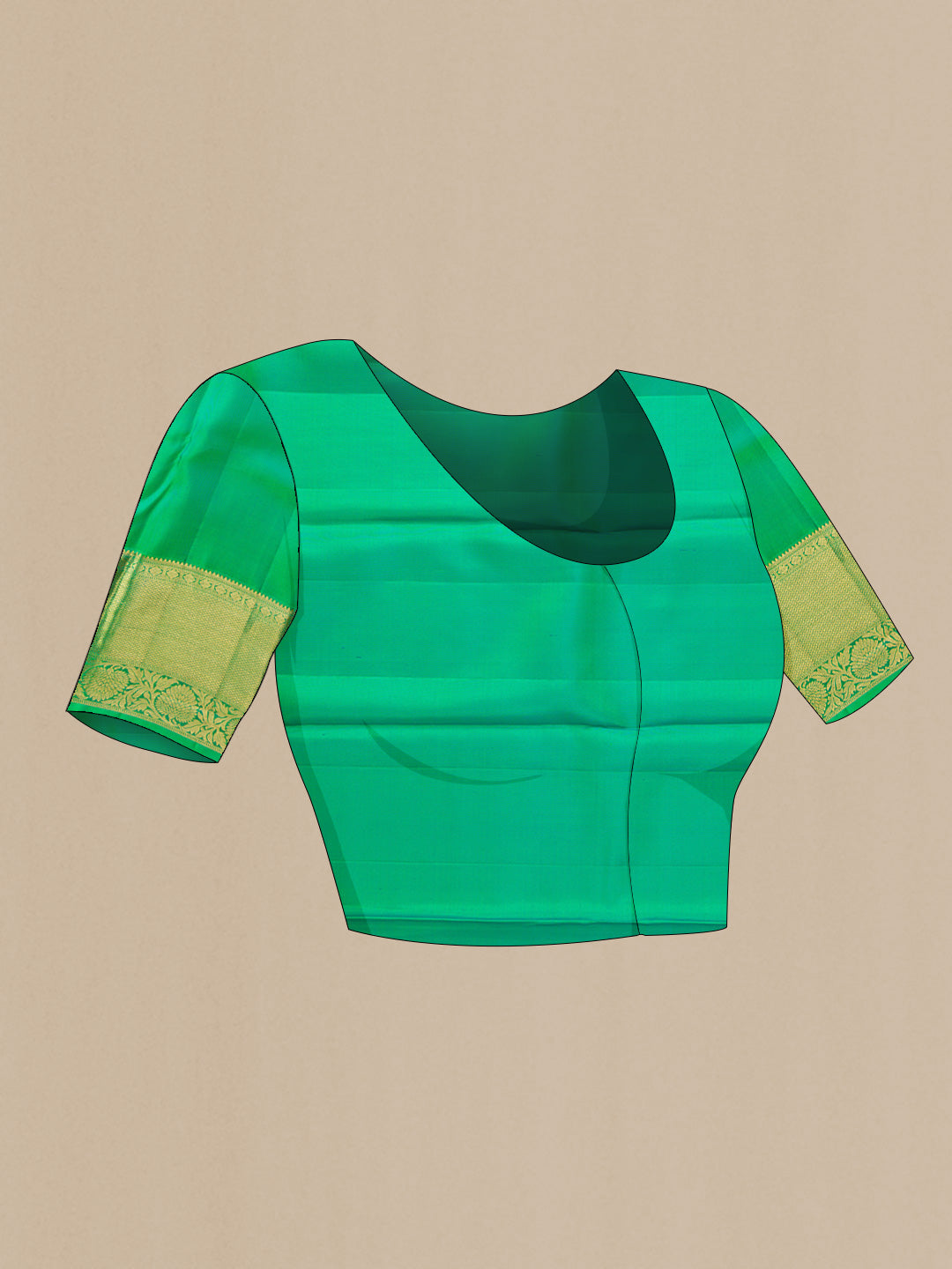 Close up image of the blouse of Green Dual Tone Kanchipuram Saree with Zari Brocade on the body and Zari Border