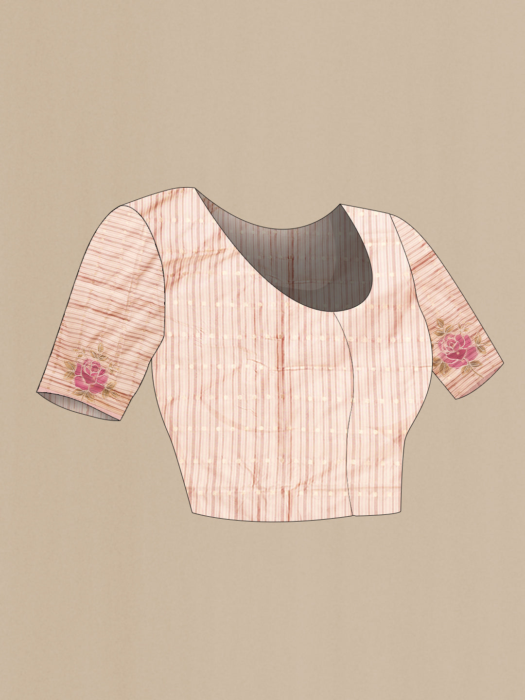 Close up image of the blouse of Beige Dual Tone Kanchipuram Silk Saree with Stripes on the body and Embroidery Border. 