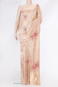 Beige Dual Tone Kanchipuram Silk Saree with Stripes on the body and Embroidery Border.  displayed on a mannequin