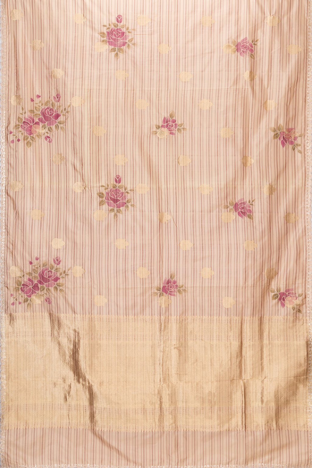 Flat view of Beige Dual Tone Kanchipuram Silk Saree with Stripes on the body and Embroidery Border. 
