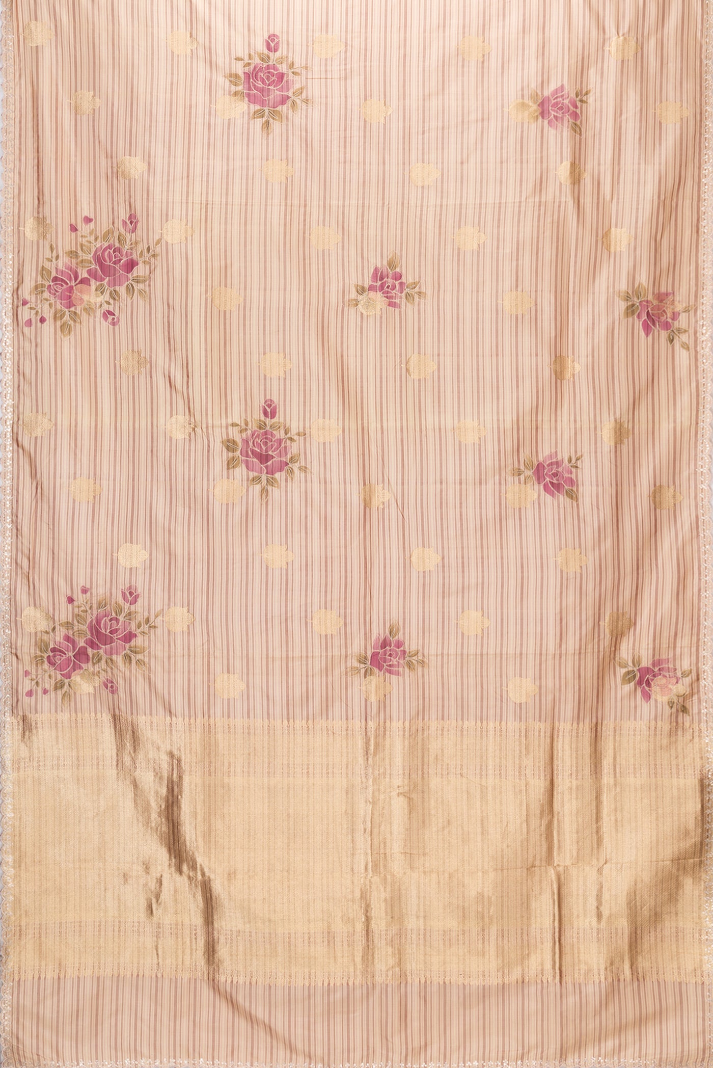 Flat view of Beige Dual Tone Kanchipuram Silk Saree with Stripes on the body and Embroidery Border. 