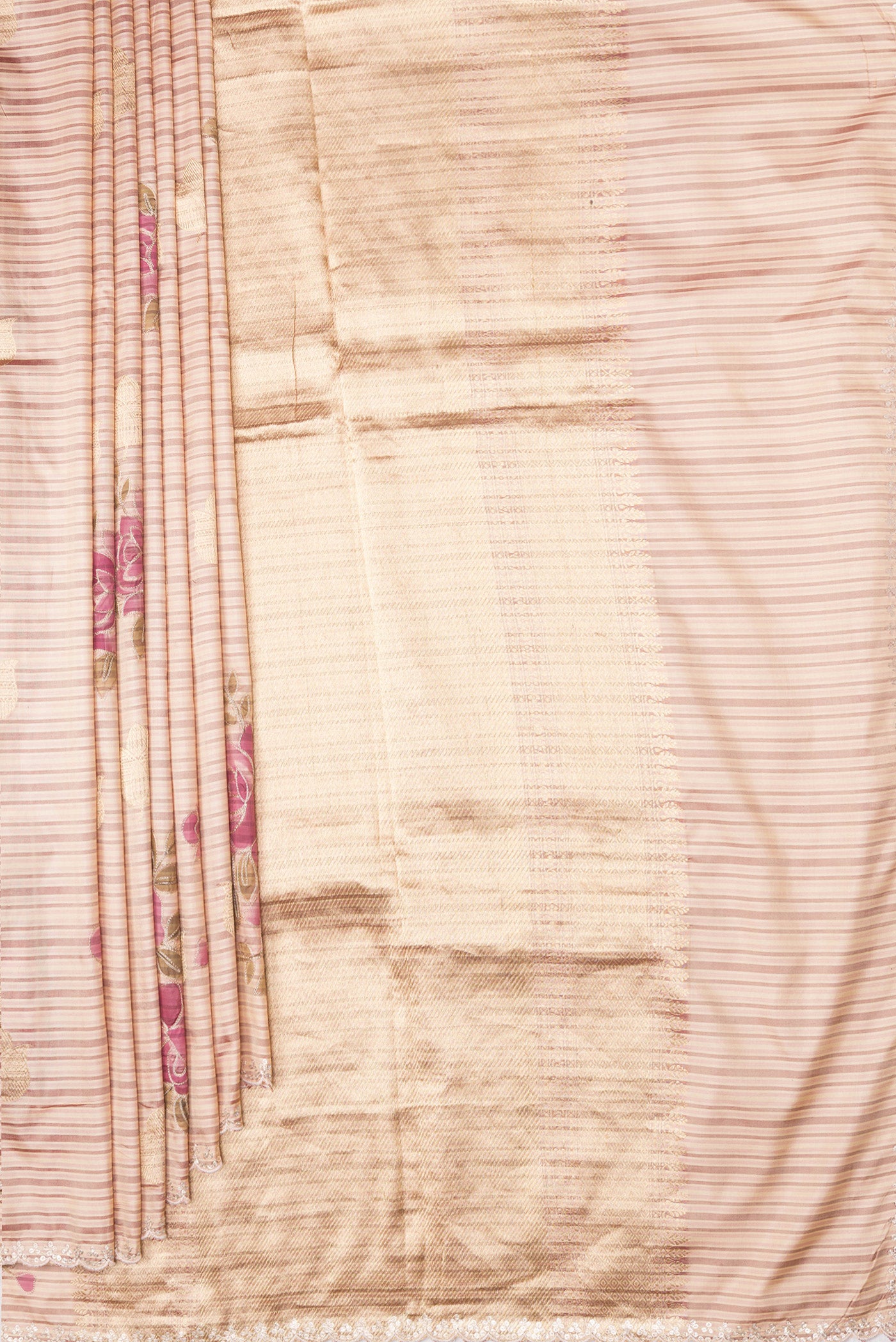 Pleats and pallu of Beige Dual Tone Kanchipuram Silk Saree with Stripes on the body and Embroidery Border. 