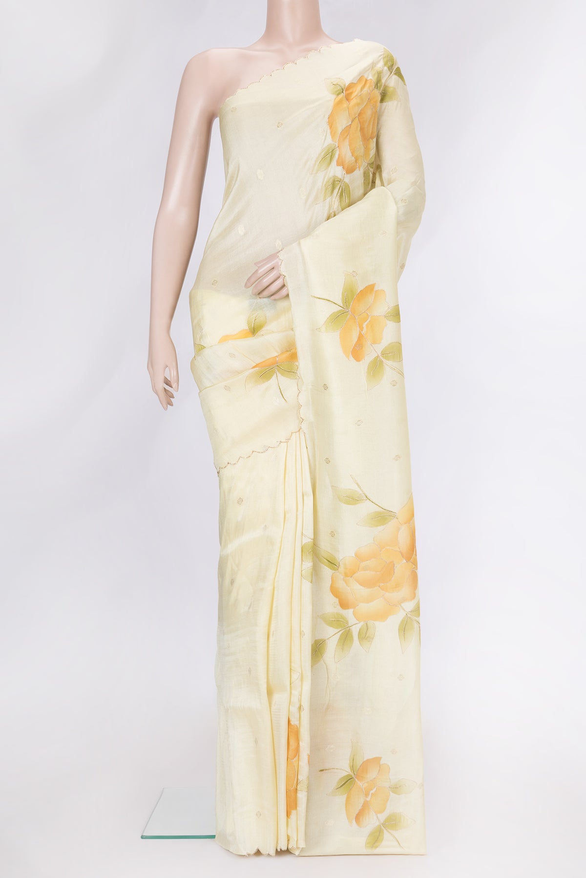 Sandal Dual Tone Tussar Silk Saree with Zari Butta on the body and Embroidery Border.  displayed on a mannequin