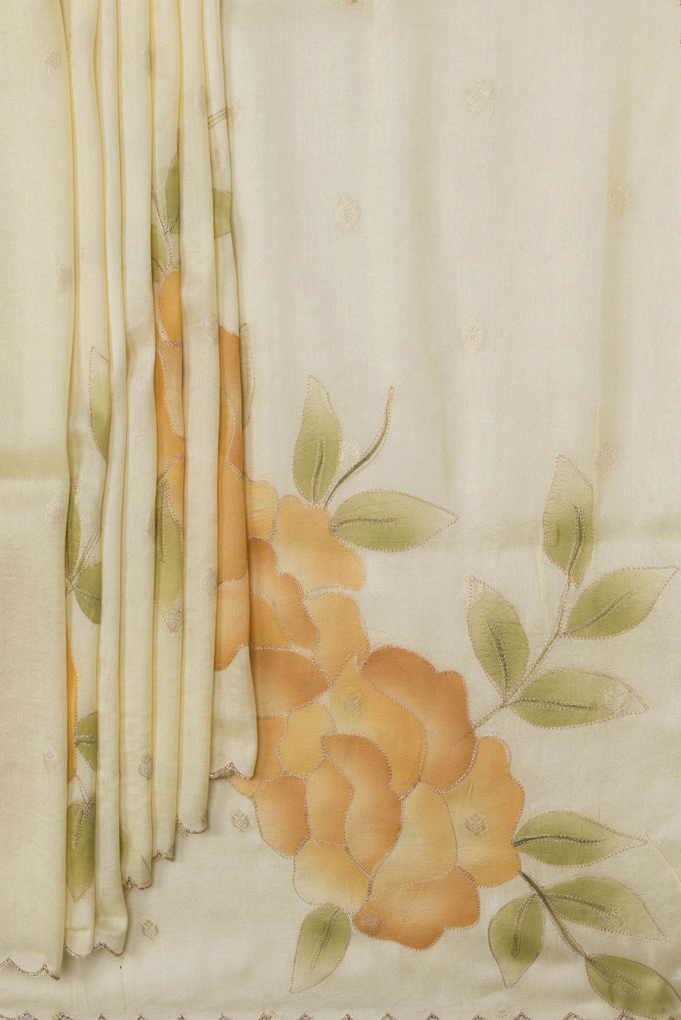 Pleats and pallu of Sandal Dual Tone Tussar Silk Saree with Zari Butta on the body and Embroidery Border. 