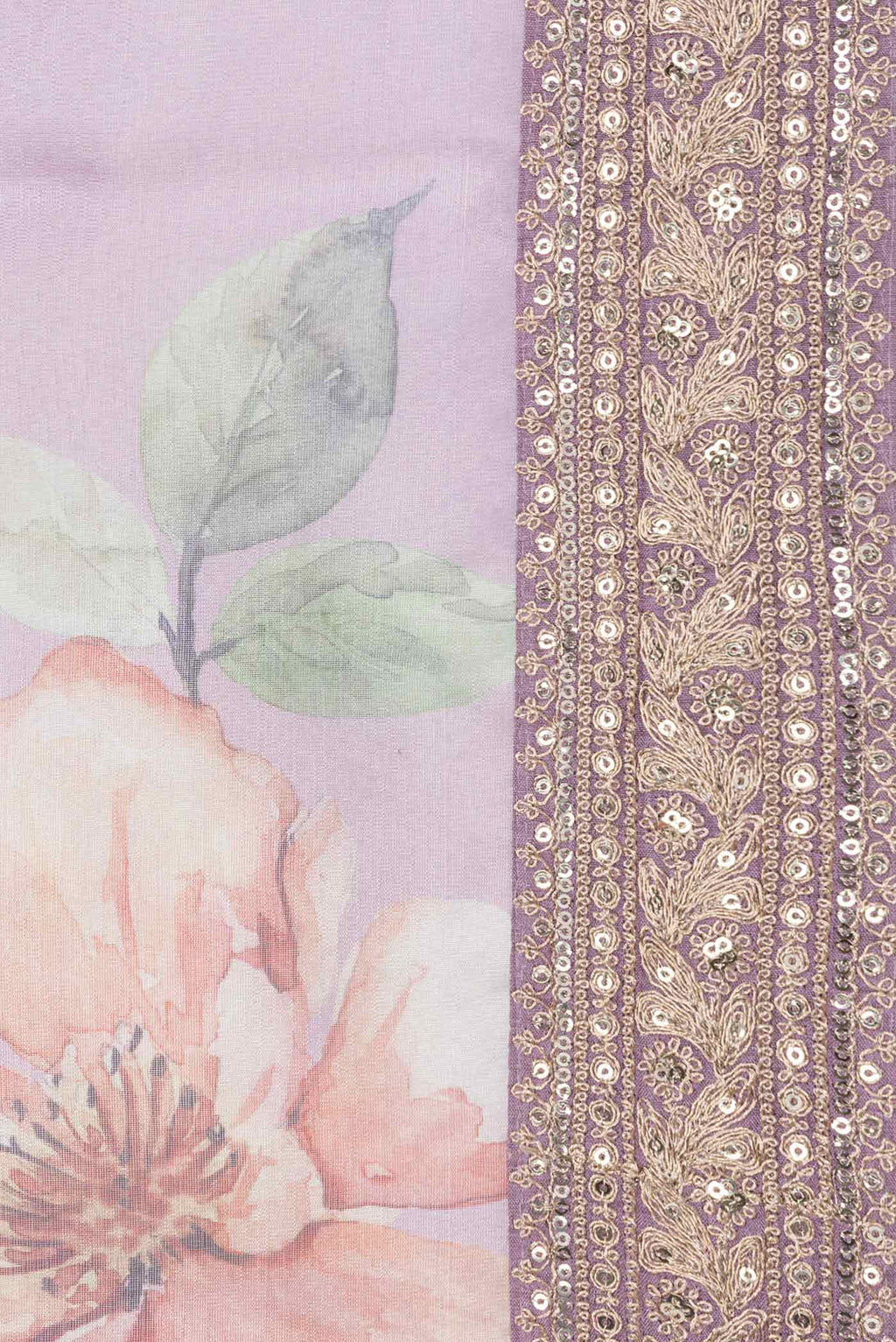 Border image of Lavender Dual Tone Tissue Silk SareePrinted design on the body and Embroidery Border