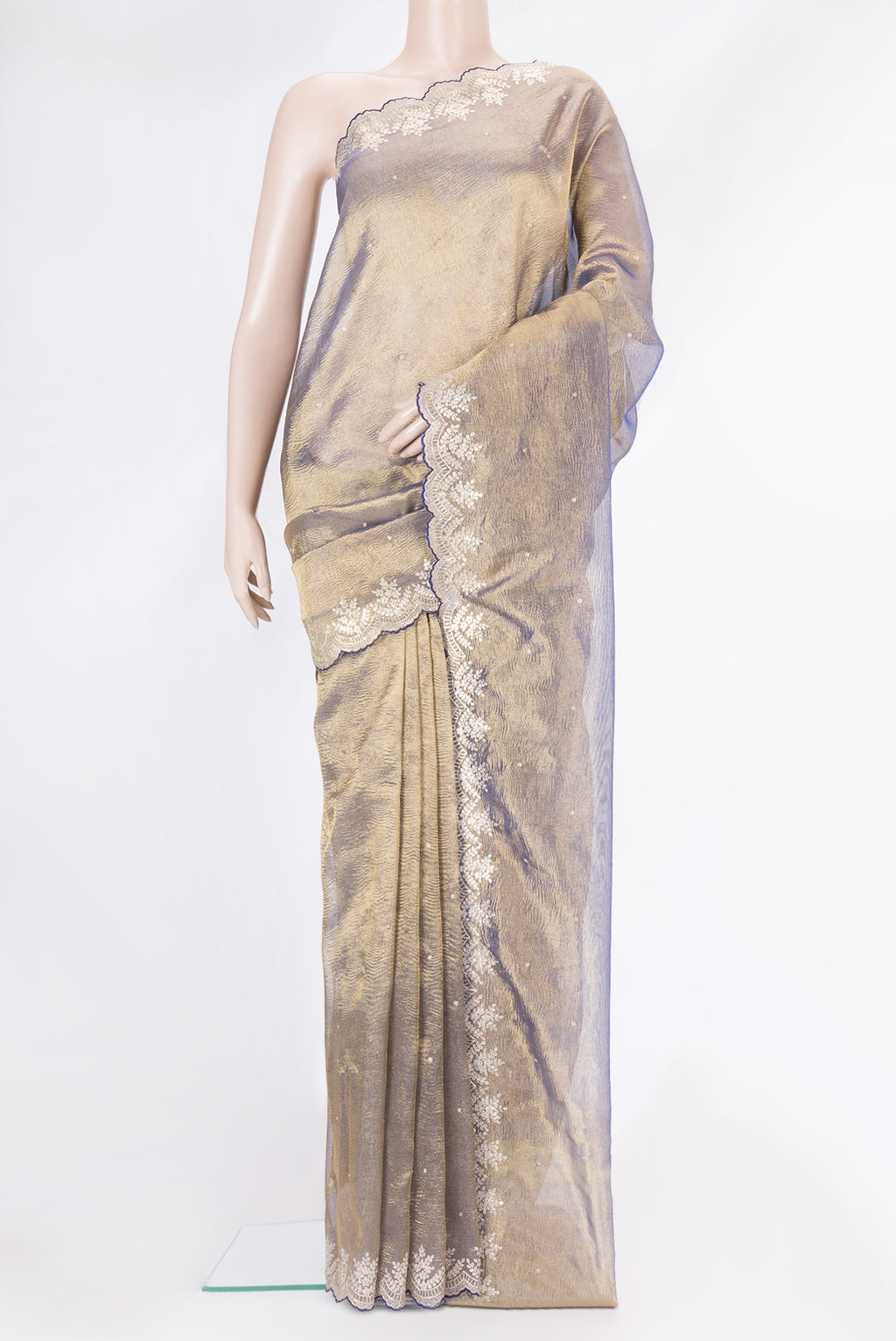 Mehandi Green Dual Tone Organza Silk Saree with Embroidery on the body and Embroidery Border.  displayed on a mannequin