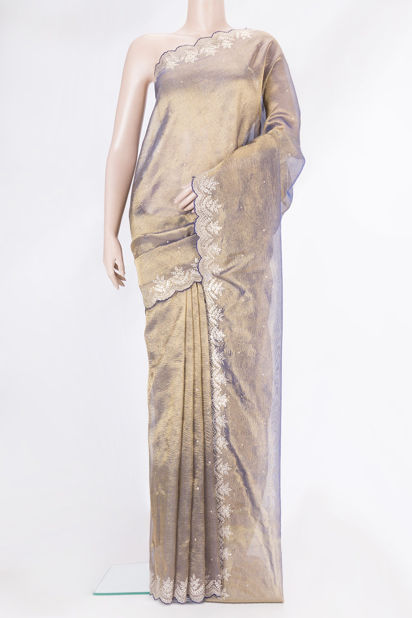 Mehandi Green Dual Tone Organza Silk Saree with Embroidery on the body and Embroidery Border.  displayed on a mannequin