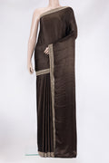 Brown Satin Crepe Saree with Plain Body and Embroidery Border.  displayed on a mannequin