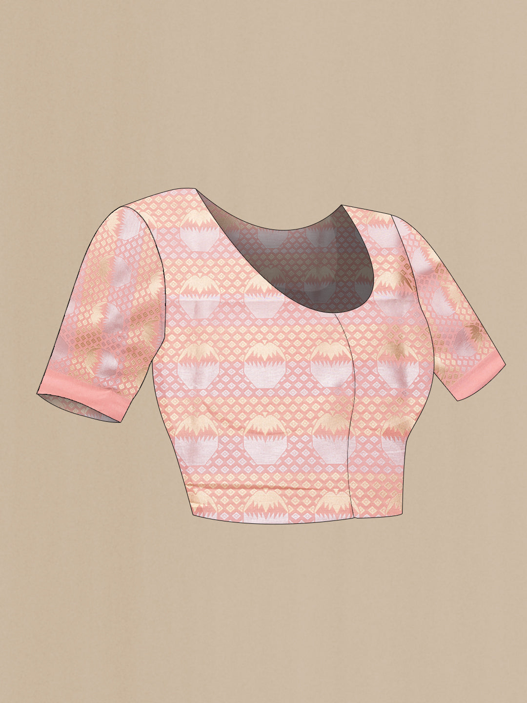 Close up image of the blouse of Rose Gold Dual Tone Organza Silk Saree with Zari Brocade on the body and Plain Border. 