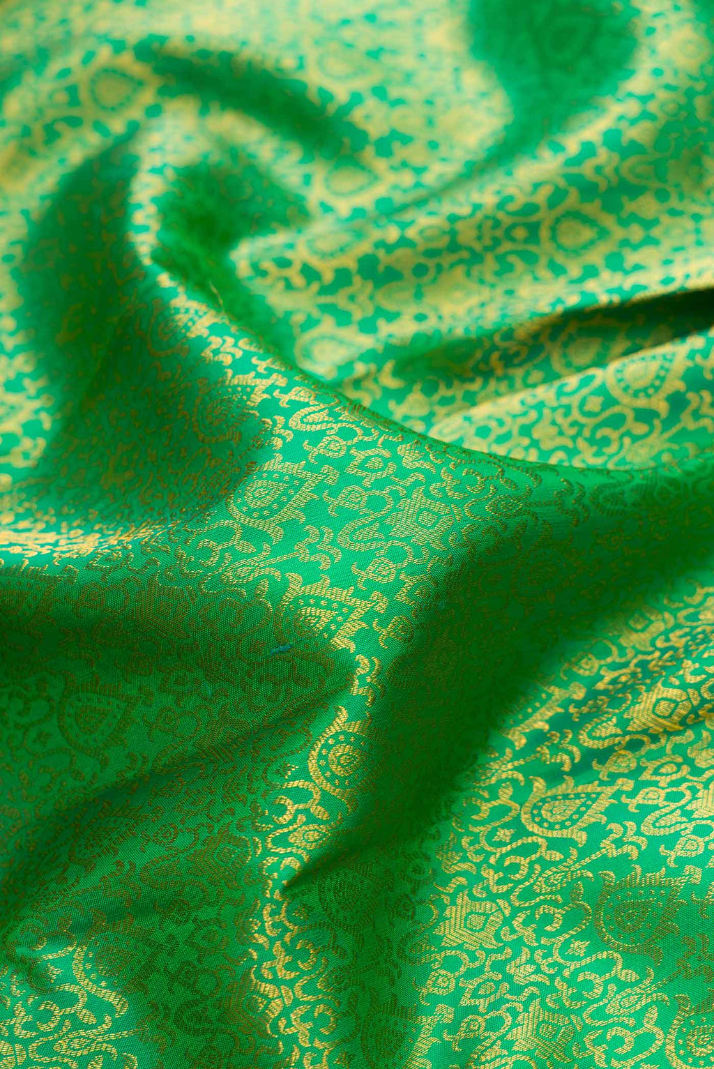 Close up of Green Dual Tone Kanchipuram Silk Saree with Zari Brocade on the body and Zari Border.  displaying folds