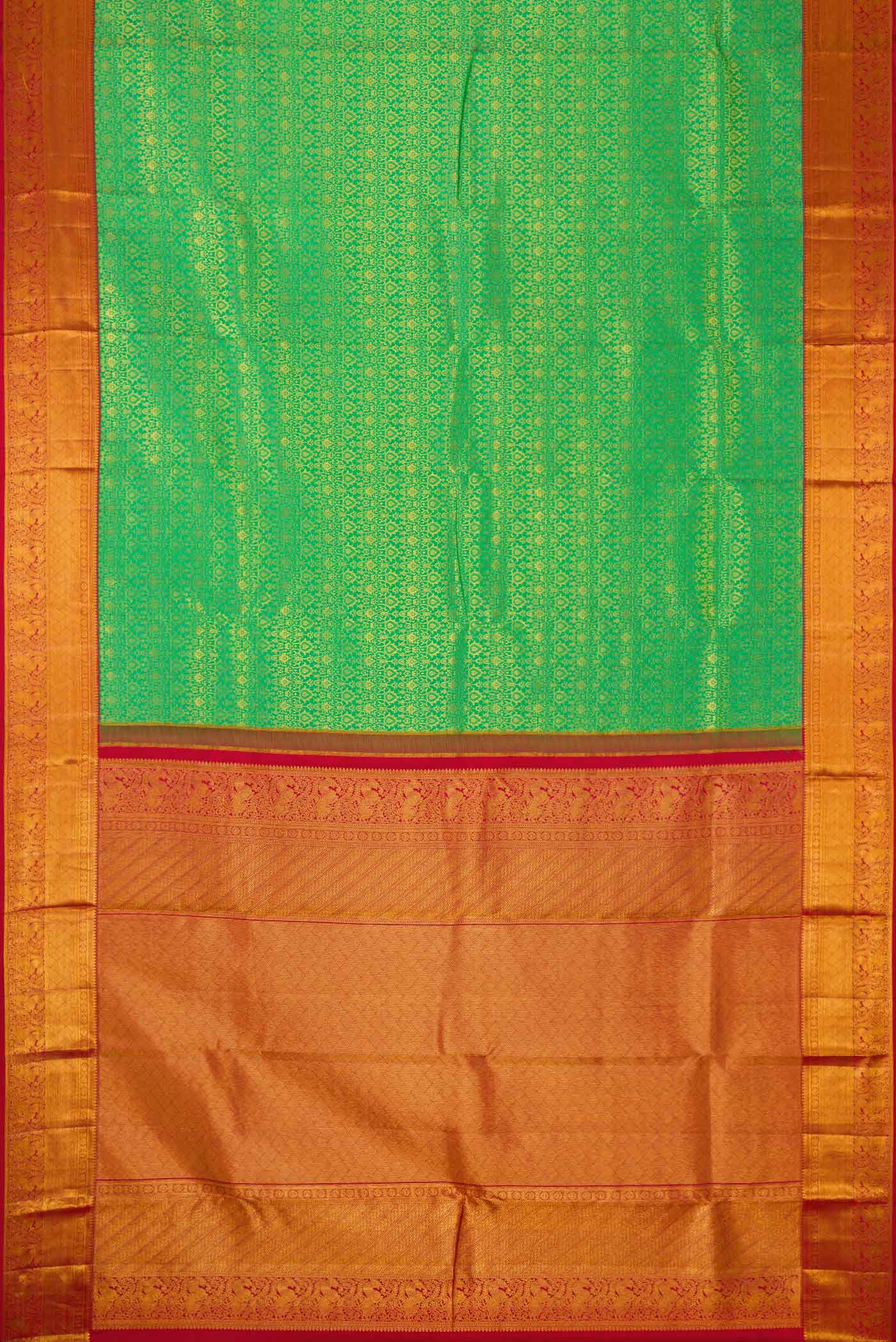 Flat view of Green Dual Tone Kanchipuram Silk Saree with Zari Brocade on the body and Zari Border. 