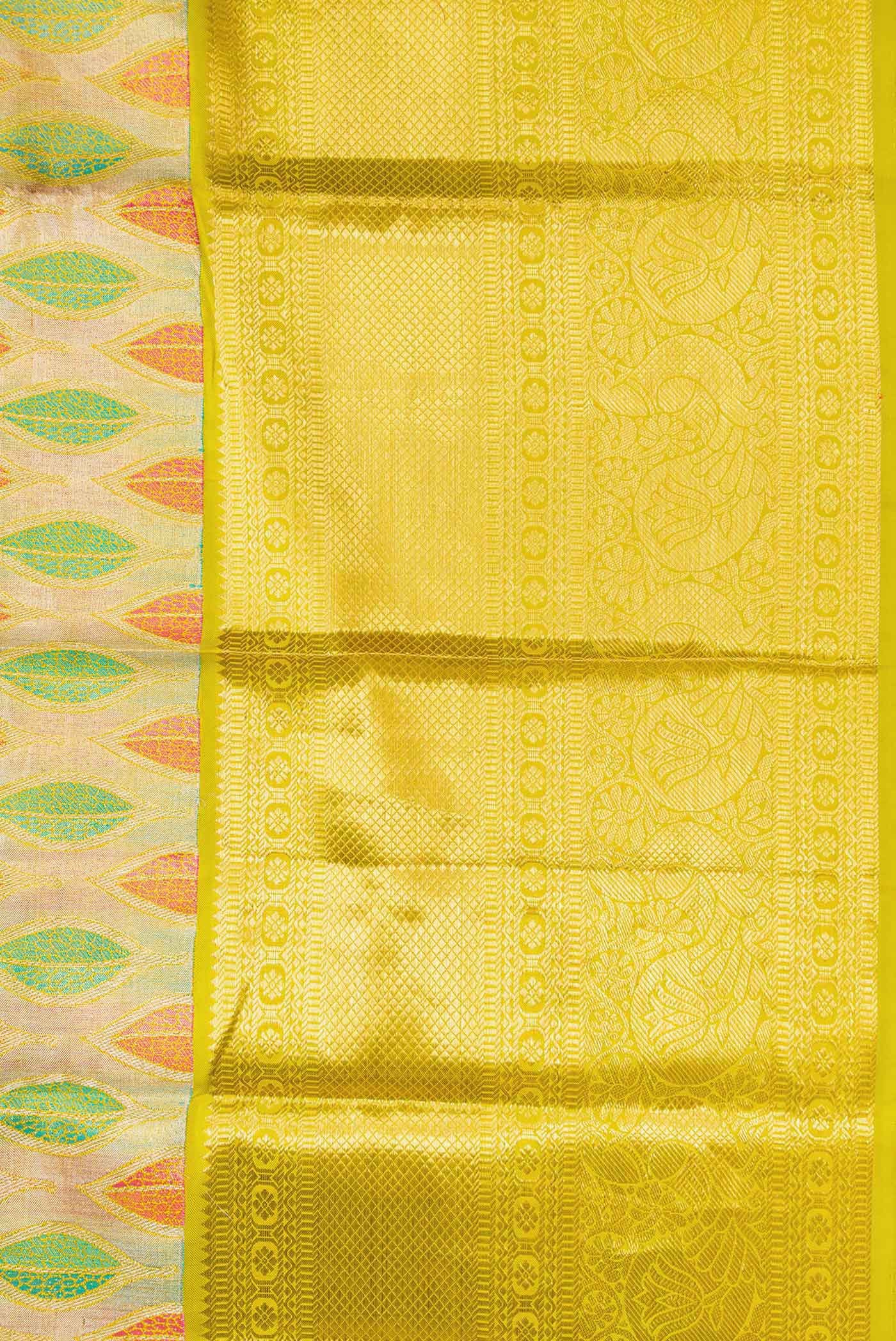 Border image of Gold Dual Tone Kanchipuram Tissue Silk Saree with Zari Brocade on the body and Zari Border. 