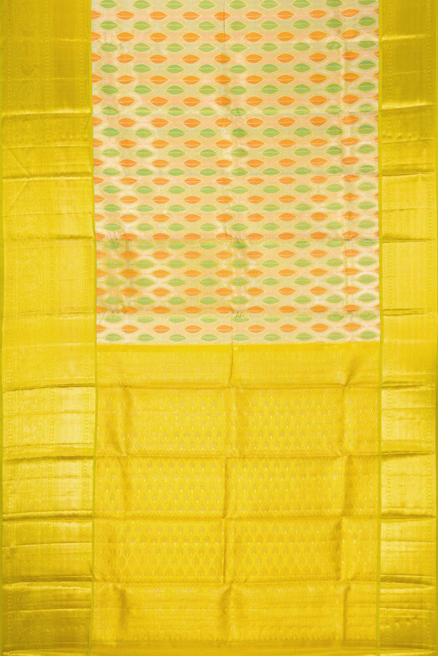 Flat view of Gold Dual Tone Kanchipuram Tissue Silk Saree with Zari Brocade on the body and Zari Border. 