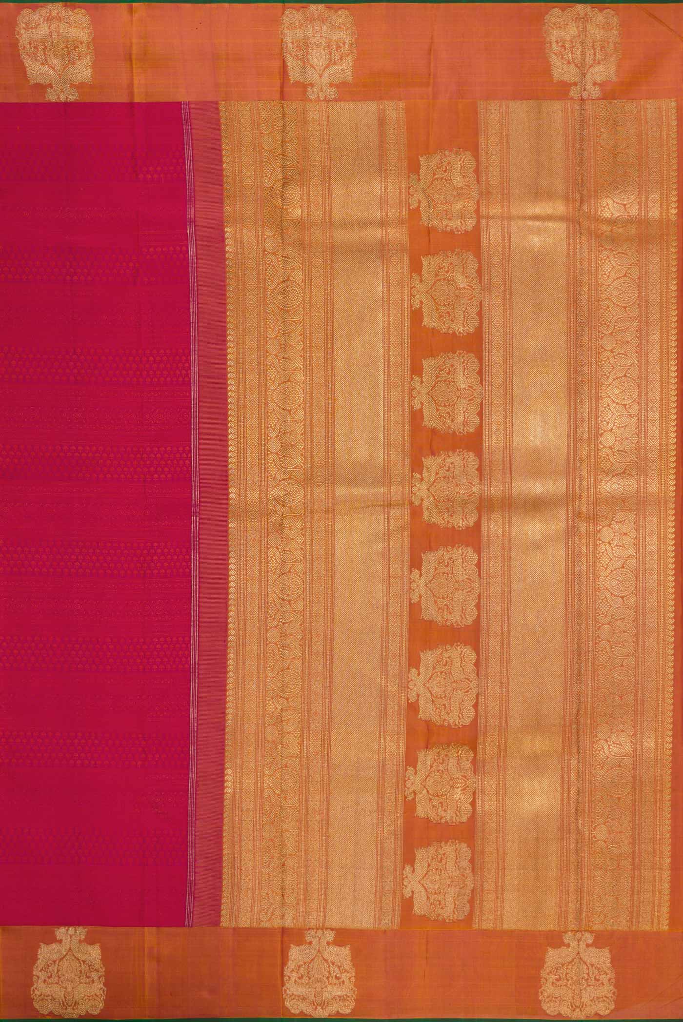 Close up image of the pallu of Pure Silk Pure Zari Maroon Dual Tone Kanchipuram Saree with Jacquard design on the body and Zari Border. 