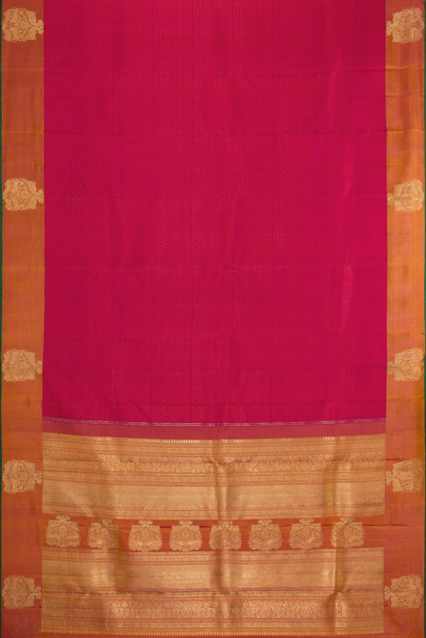 Flat view of Pure Silk Pure Zari Maroon Dual Tone Kanchipuram Saree with Jacquard design on the body and Zari Border. 