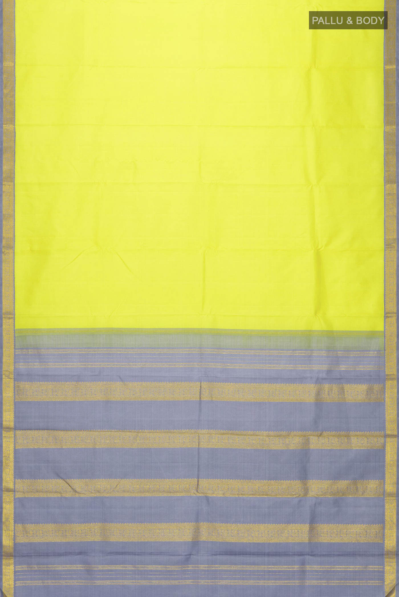 Flat view of Yellow Kanchipuram Silk Saree with Plain Body and Zari Border