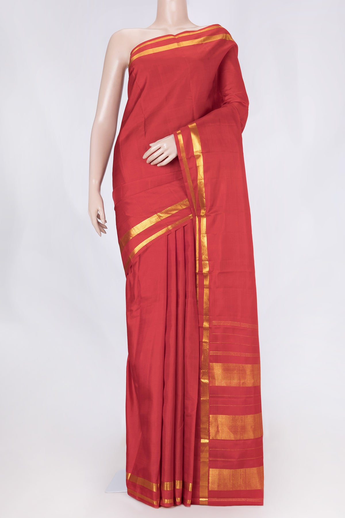 Red Dual Tone Kanchipuram Saree with Plain Body and Zari Border displayed on a mannequin