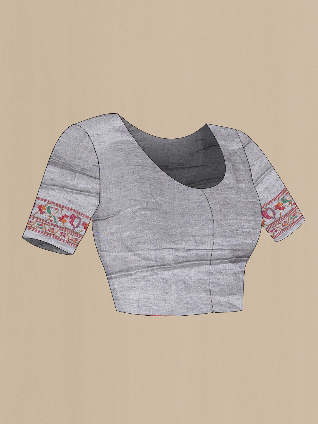 Close up image of the blouse of Grey Dual Tone Organza Silk Saree with Embroidery on the body and Zari Border. 