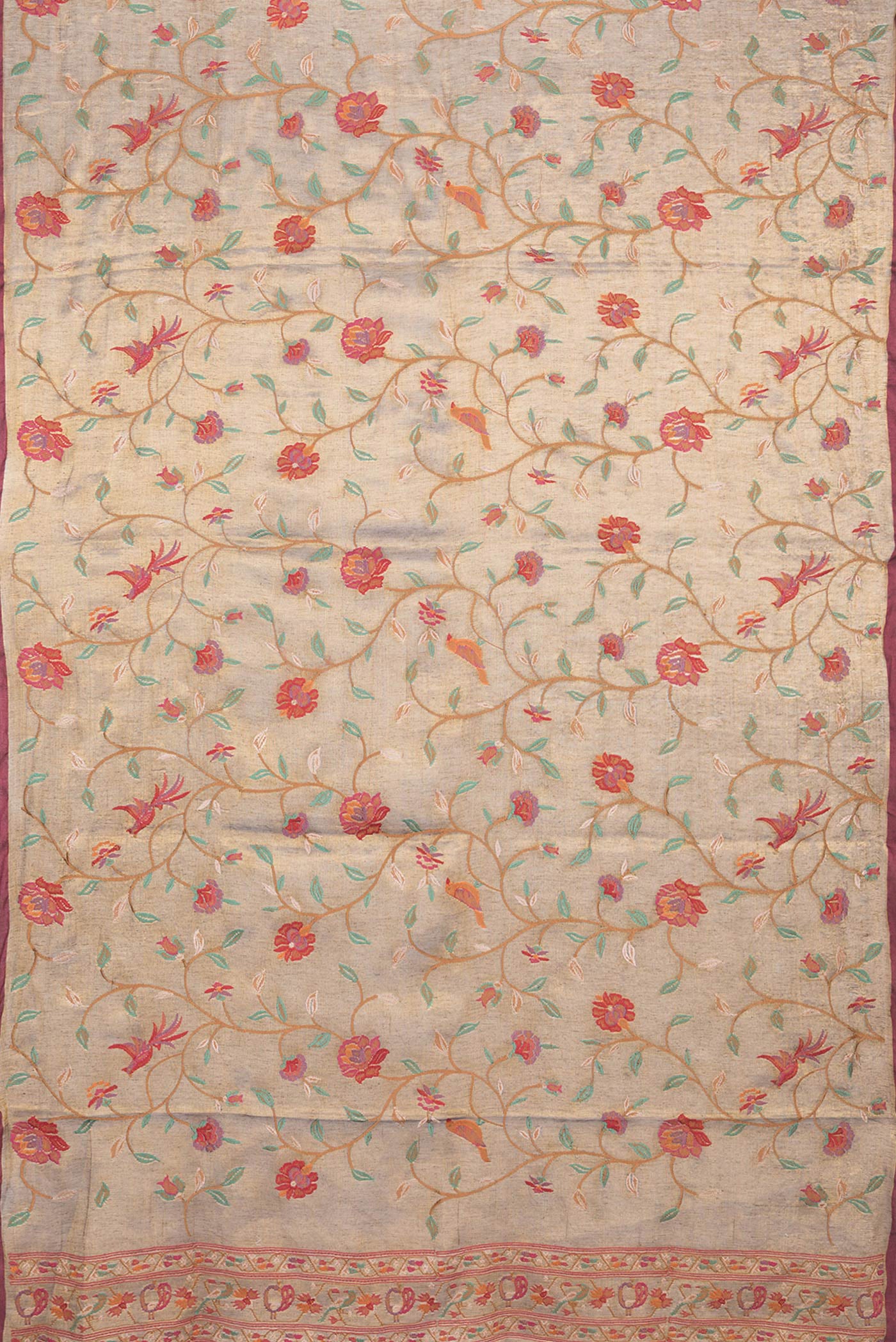 Flat view of Gold Dual Tone Organza Silk Saree with Embroidery on the body and Zari Border. 