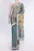 Pista Green Dual Tone Organza Silk Saree with Embroidery on the body and Zari Border.  displayed on a mannequin