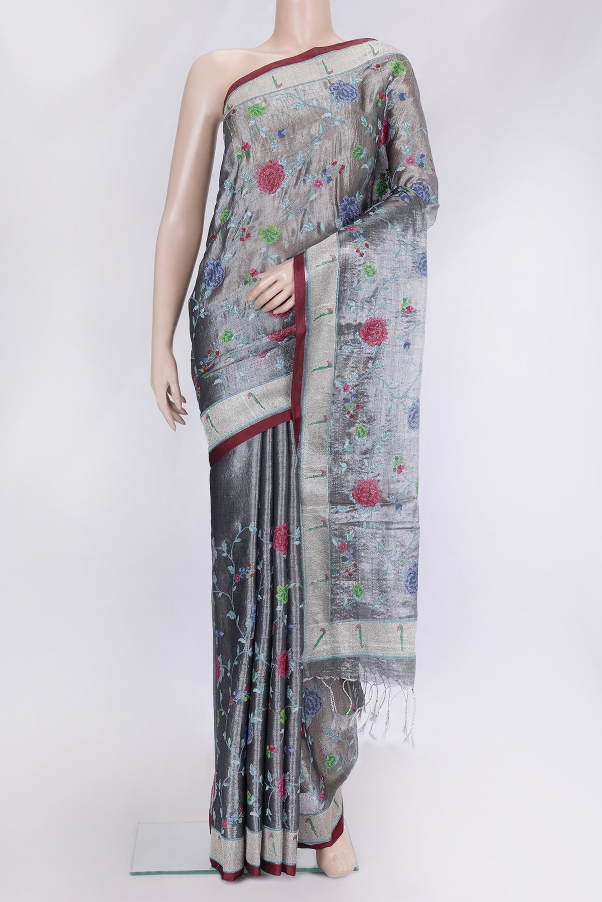 Grey Dual Tone Organza Silk Saree with Embroidery on the body and Paithani Border.  displayed on a mannequin