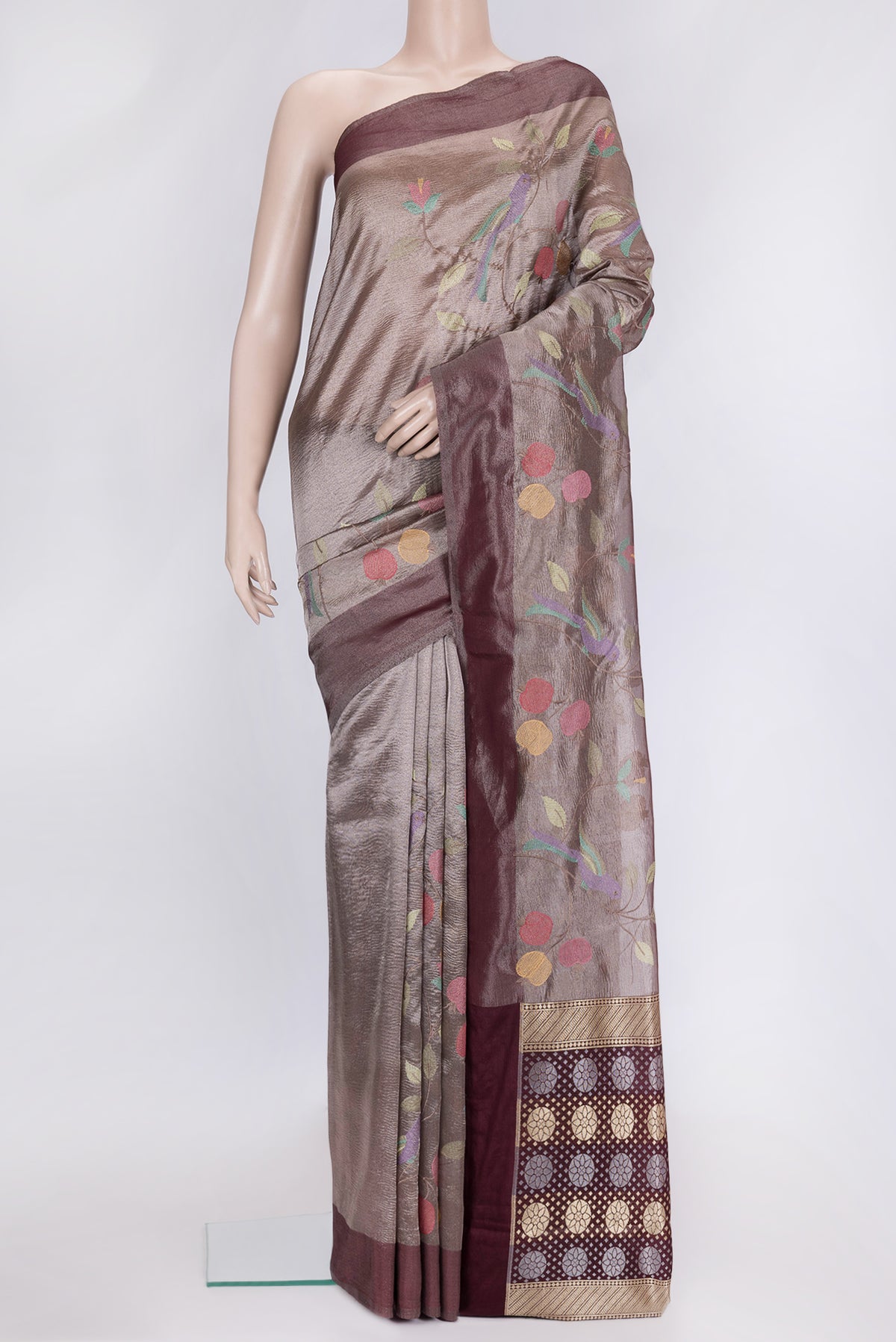 Brown Dual Tone Organza Silk Saree with Embroidery on the body and Plain Border.  displayed on a mannequin