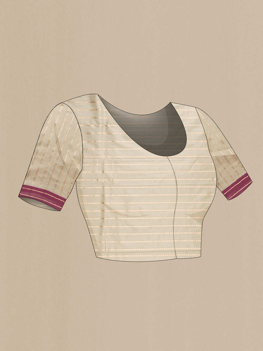 Close up image of the blouse of Beige Banarasi Silk Saree with Stripes on the body and Zari Border. 