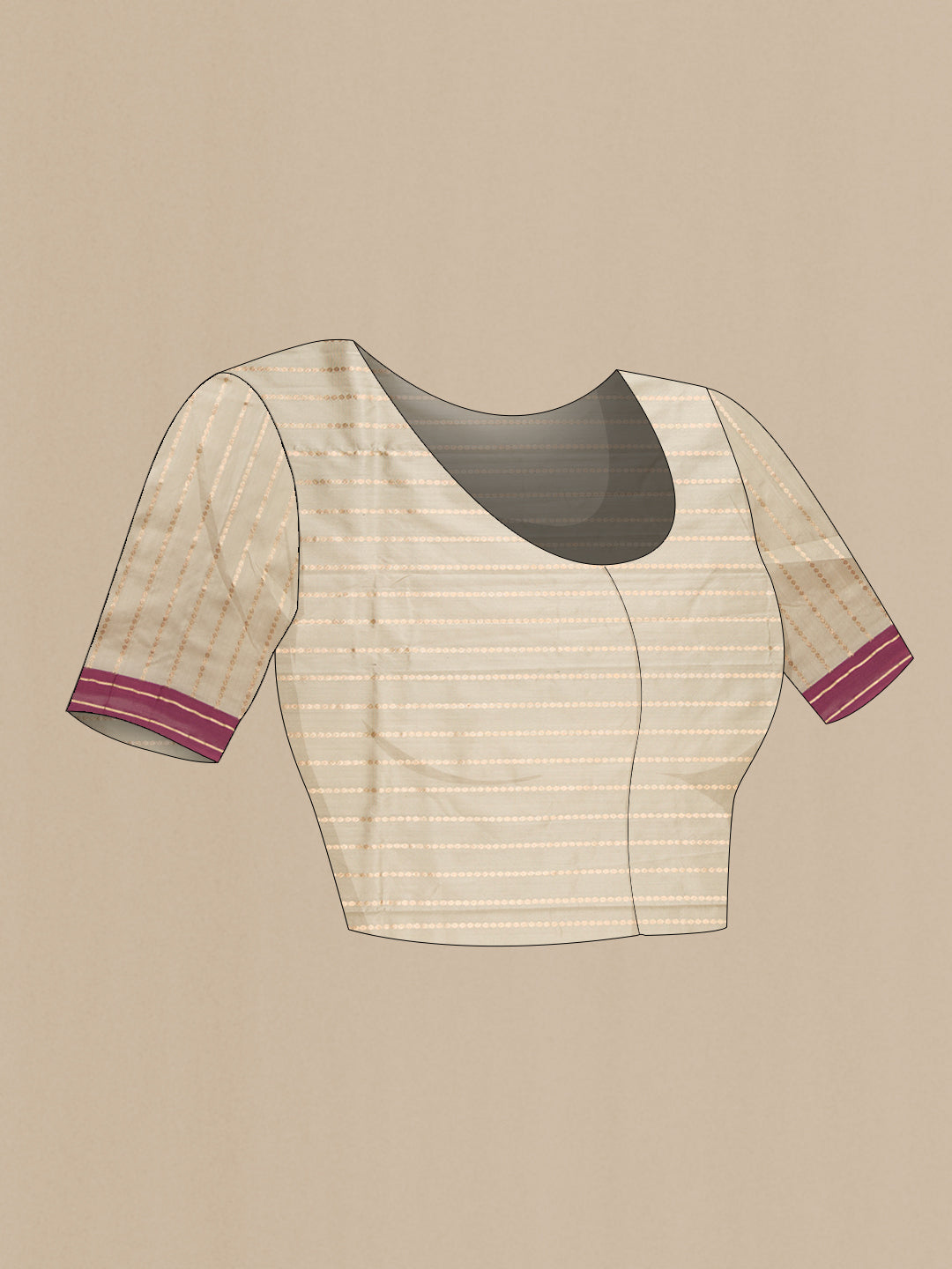 Close up image of the blouse of Beige Banarasi Silk Saree with Stripes on the body and Zari Border. 