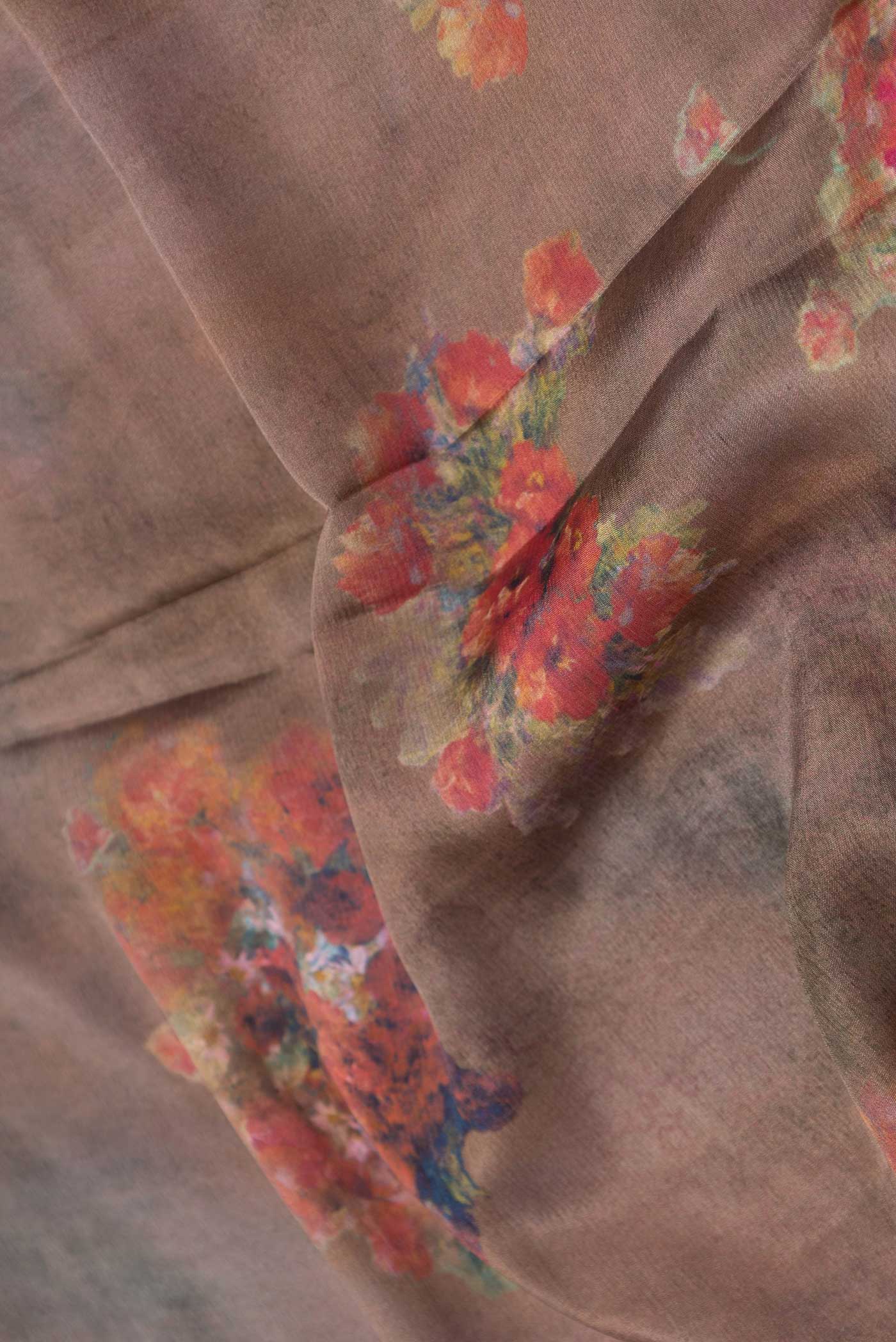 Close up of Brown Mysore Crepe Saree with Floral Print on the body and Zari Border displaying folds