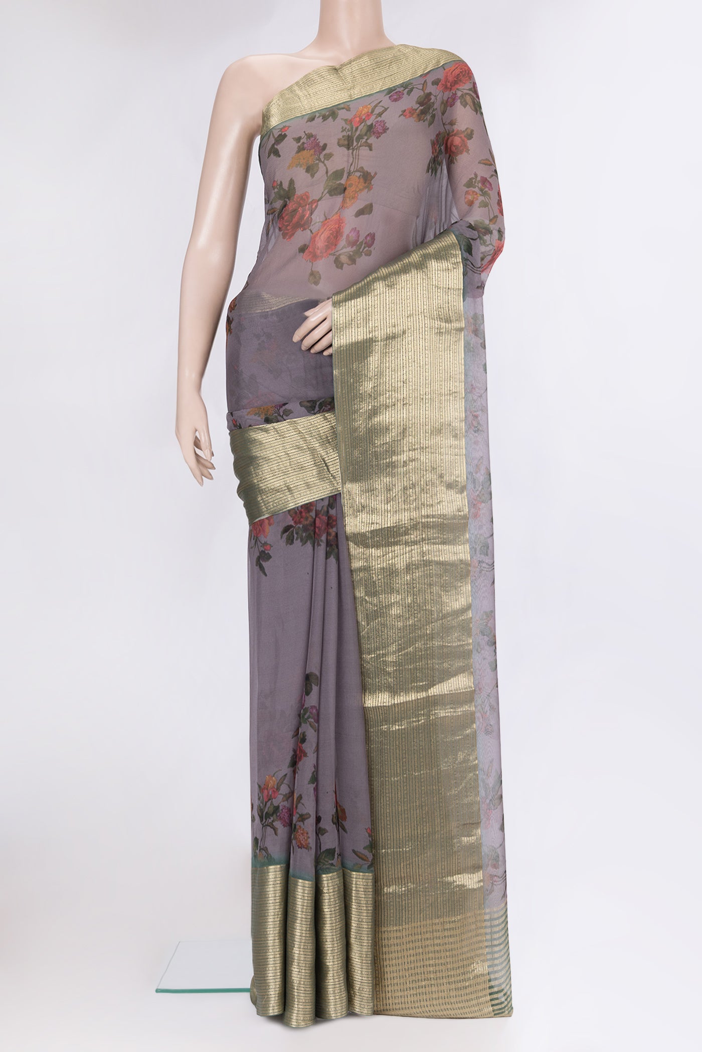 Purple Dual Tone Chiffon Saree with Floral Print on the body and Zari Border.  displayed on a mannequin