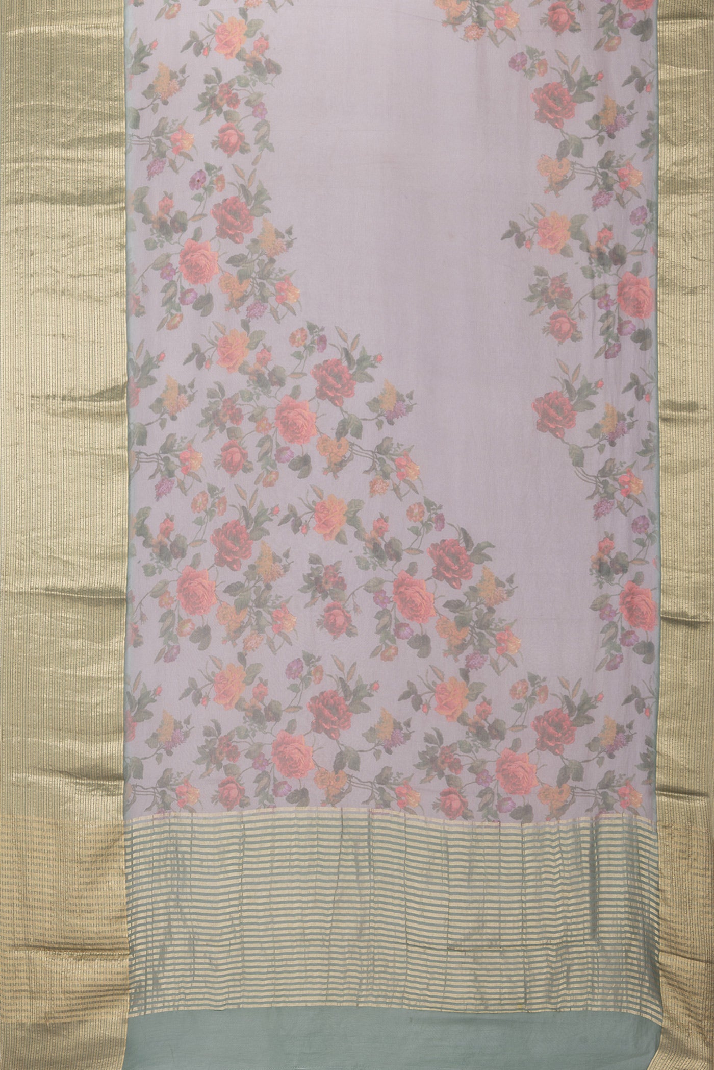 Flat view of Purple Dual Tone Chiffon Saree with Floral Print on the body and Zari Border. 