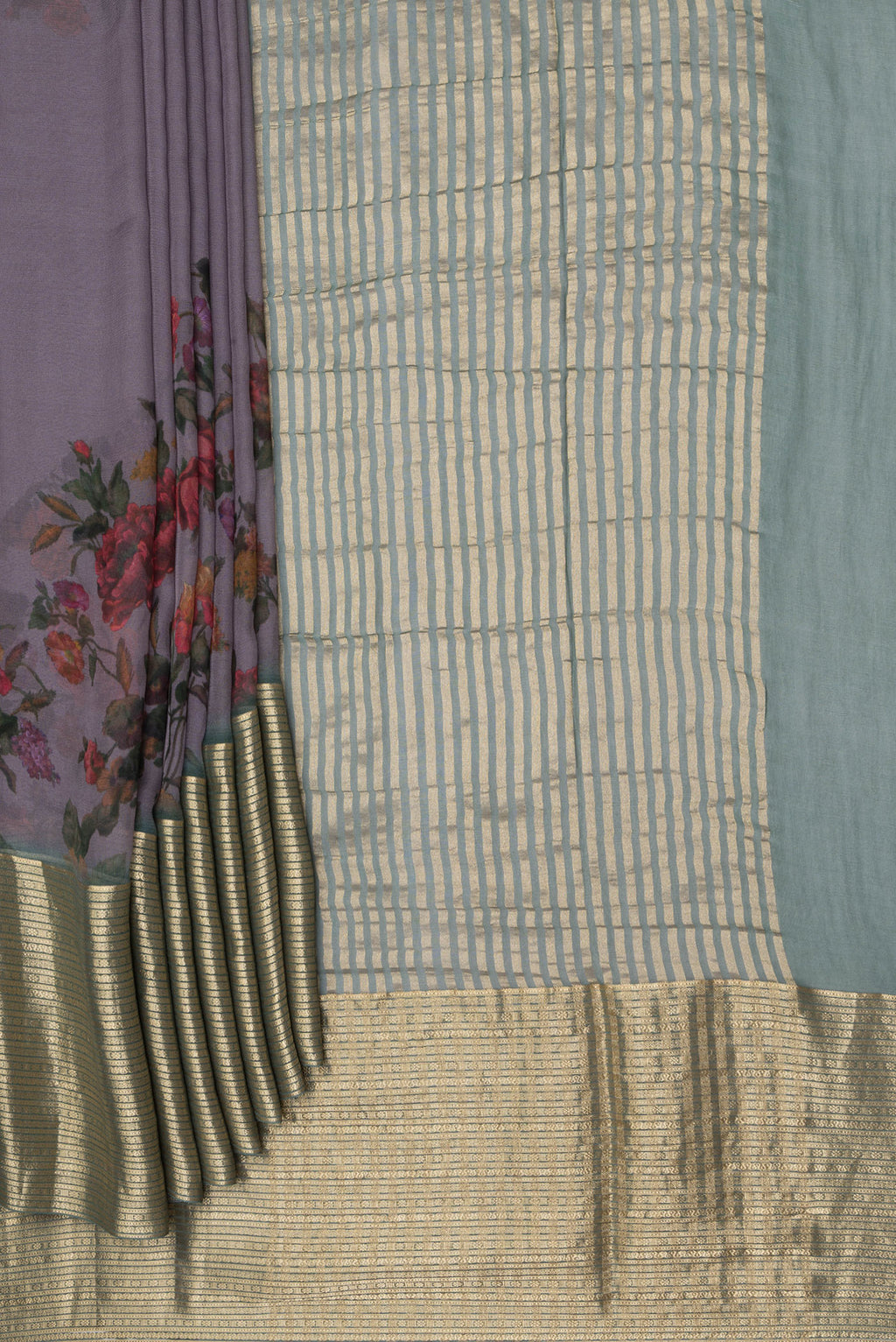 Pleats and pallu of Purple Dual Tone Chiffon Saree with Floral Print on the body and Zari Border. 