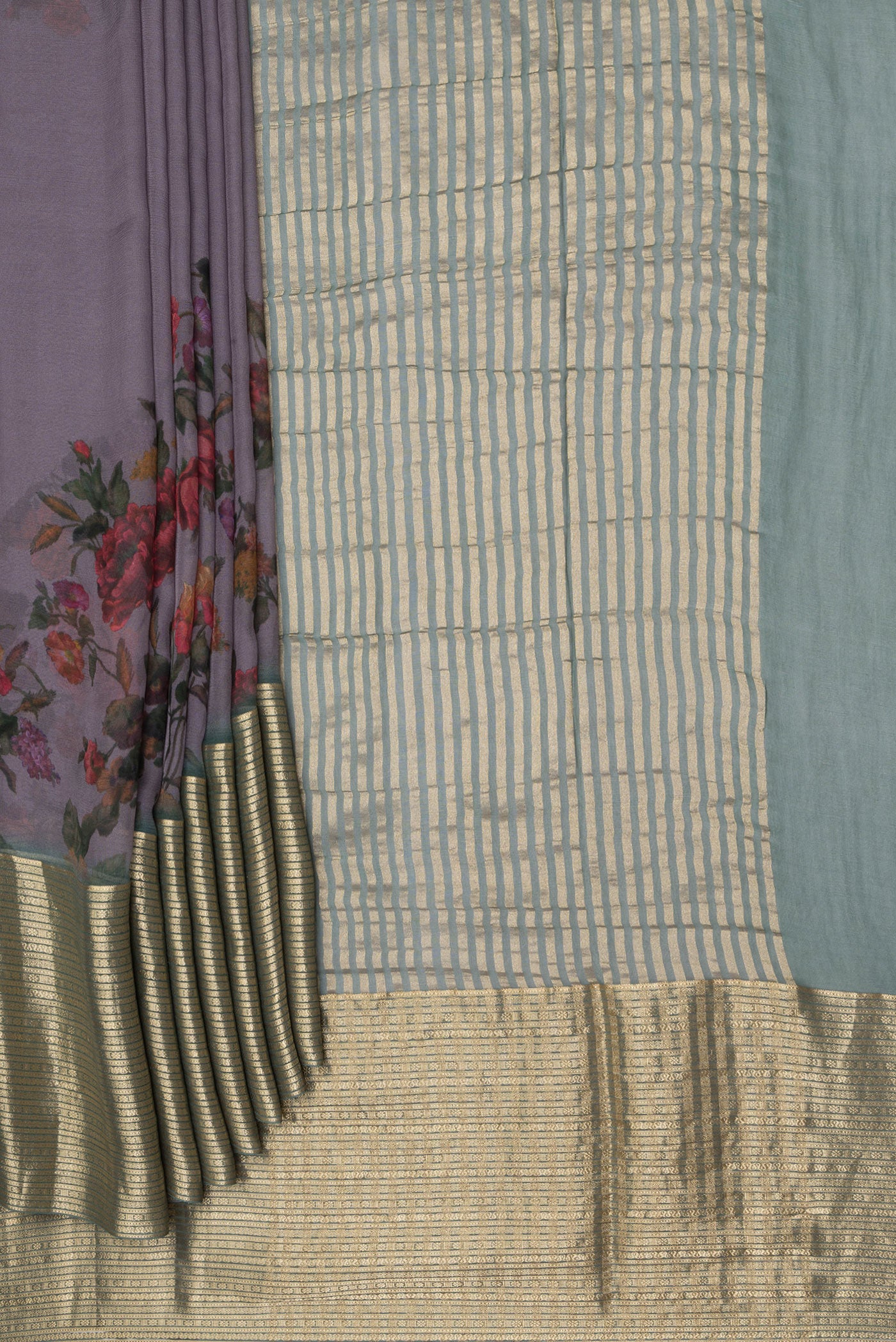 Pleats and pallu of Purple Dual Tone Chiffon Saree with Floral Print on the body and Zari Border. 