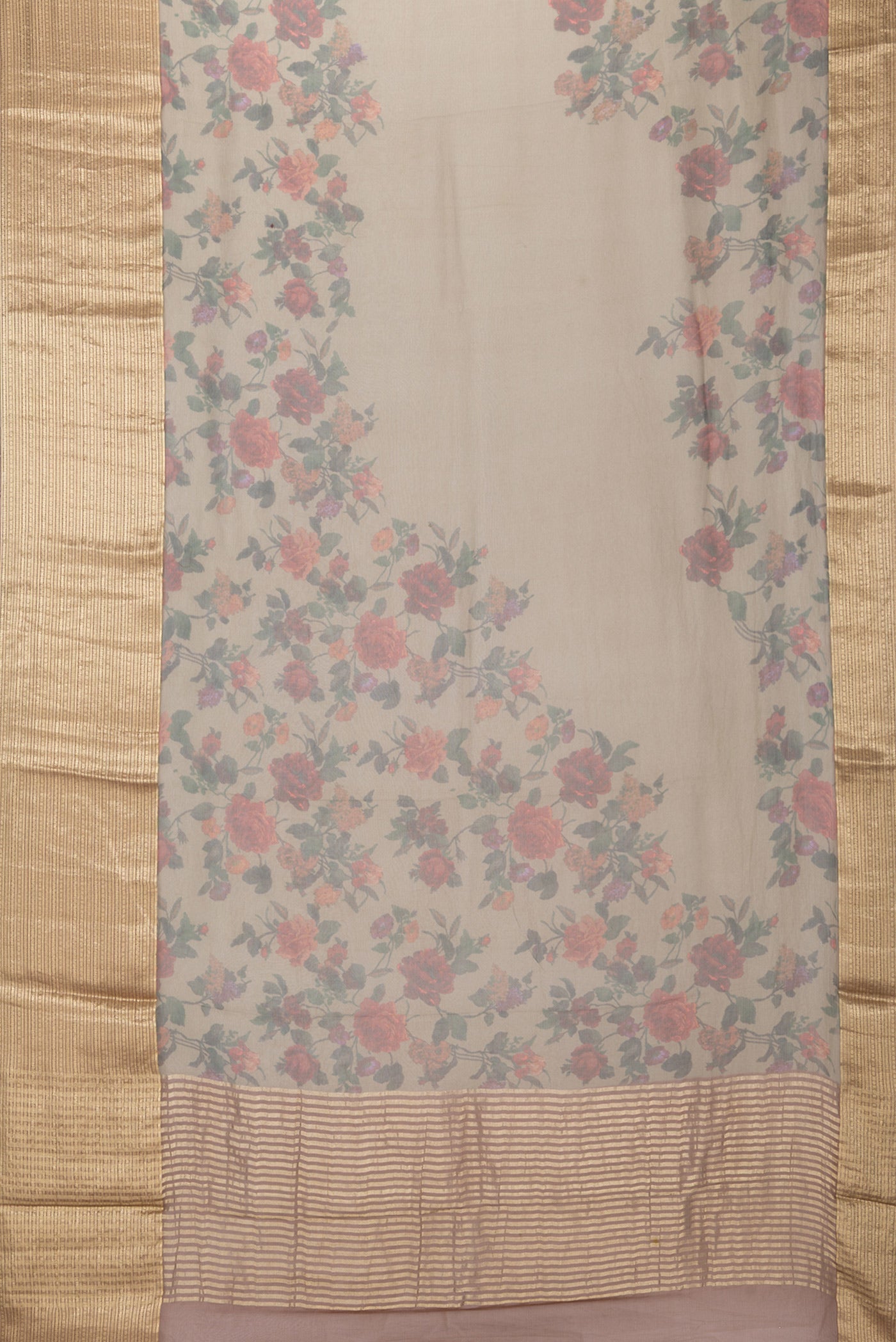 Flat view of Mehandi Green Chiffon Saree with Floral Print on the body and Zari Border. 