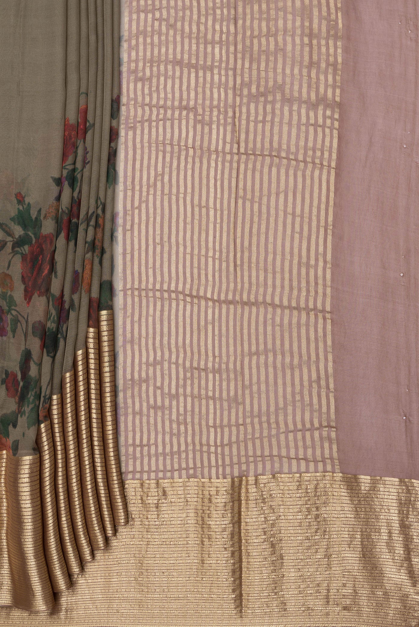 Pleats and pallu of Mehandi Green Chiffon Saree with Floral Print on the body and Zari Border. 
